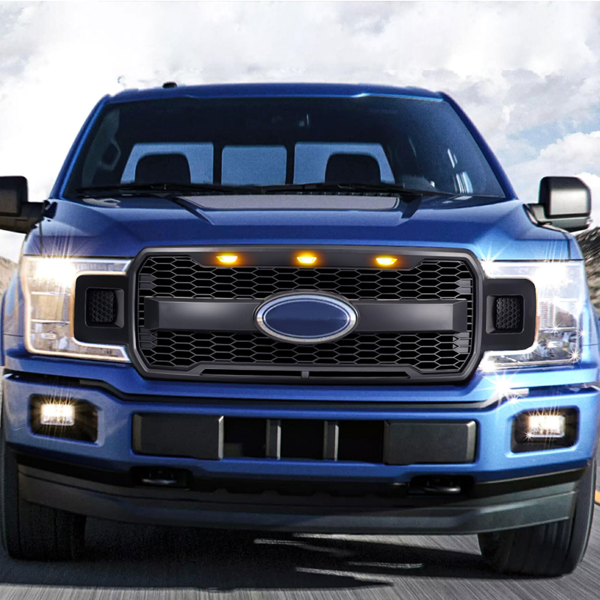Raptor Style Mesh Grille with Amber LED Lights & Emblem Base for 2018-2020 Ford F150 | Matte Black | Off-Road & Street Upgrade | Enhanced Style & Durability