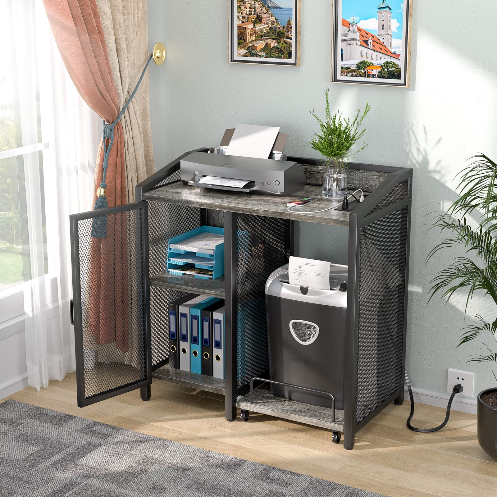 Modern Black Oak Office File Cabinet with Power Outlet & Door - Large Printer Stand, Paper Shredder Rack & Storage Cabinet for Home Office | Perfect for Document Organization & Workspace Efficiency