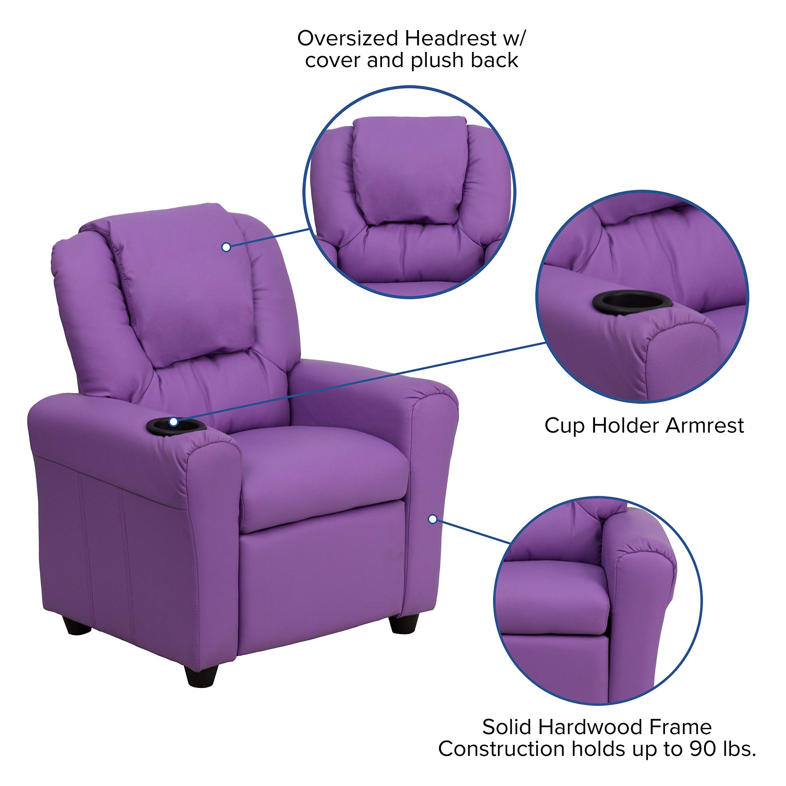 Emma & Oliver Lavender Vinyl Kids Recliner Chair with Cup Holder & Headrest - Comfortable Toddler Armchair for Reading, TV Watching & Relaxing in Bedroom or Playroom