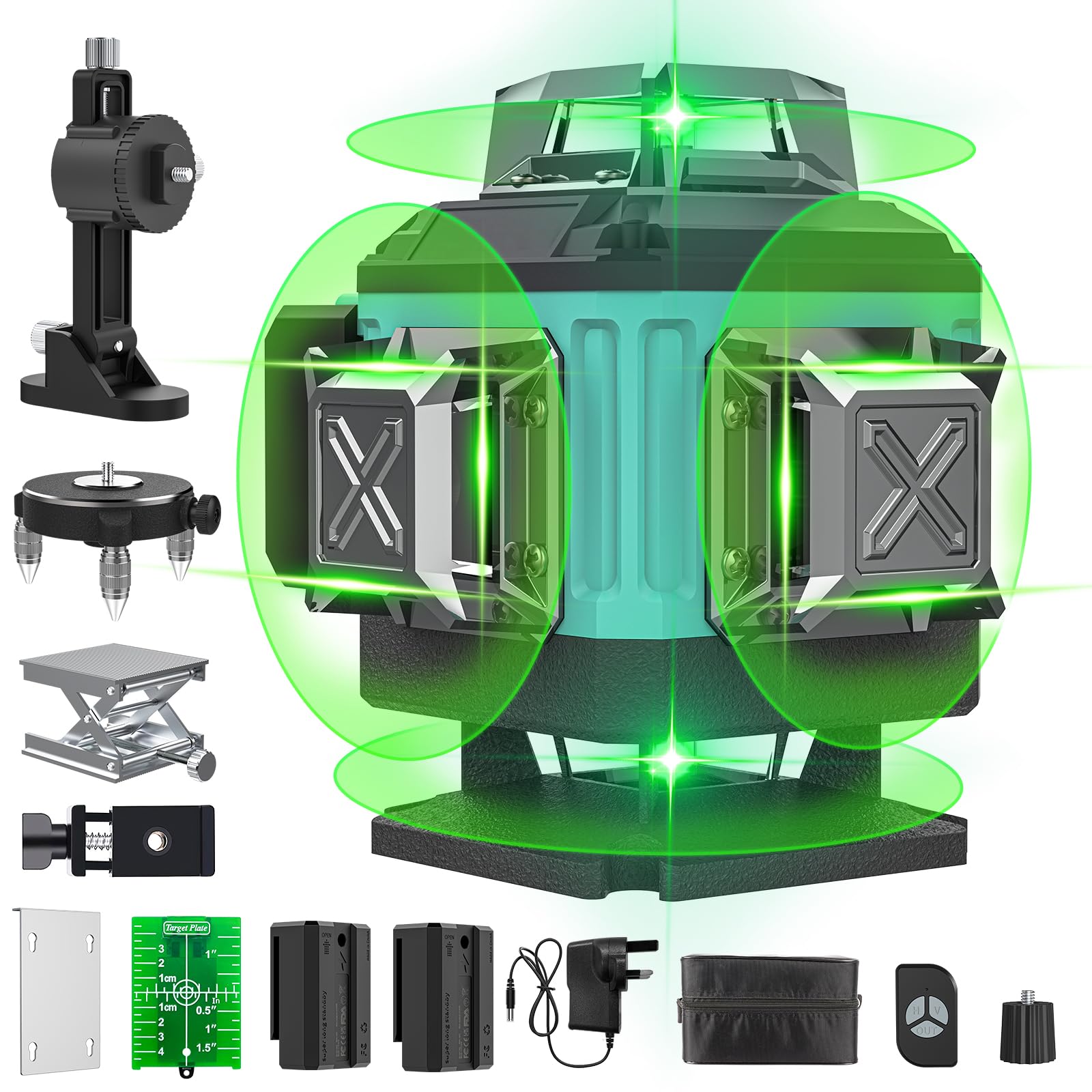 16-Line Self-Leveling Laser Level with 4x360° 4D Green Cross Line - Rechargeable Batteries, Dimmable Brightness & Remote Control - Perfect for Construction, Renovation, and DIY Projects