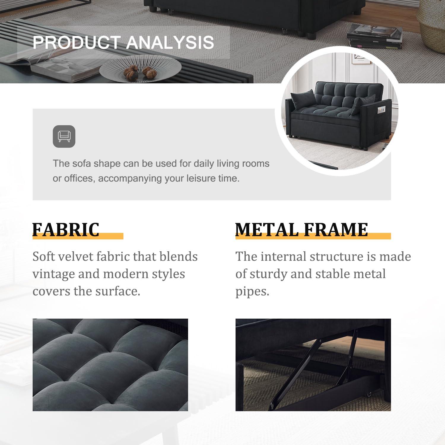 Modern Velvet 3-in-1 Convertible Futon Sofa Bed - Pullout Sleeper Couch with Adjustable Backrest, Storage Pockets & Toss Pillows - Perfect for Small Spaces, Living Room, Bedroom or Guest Room (Black)