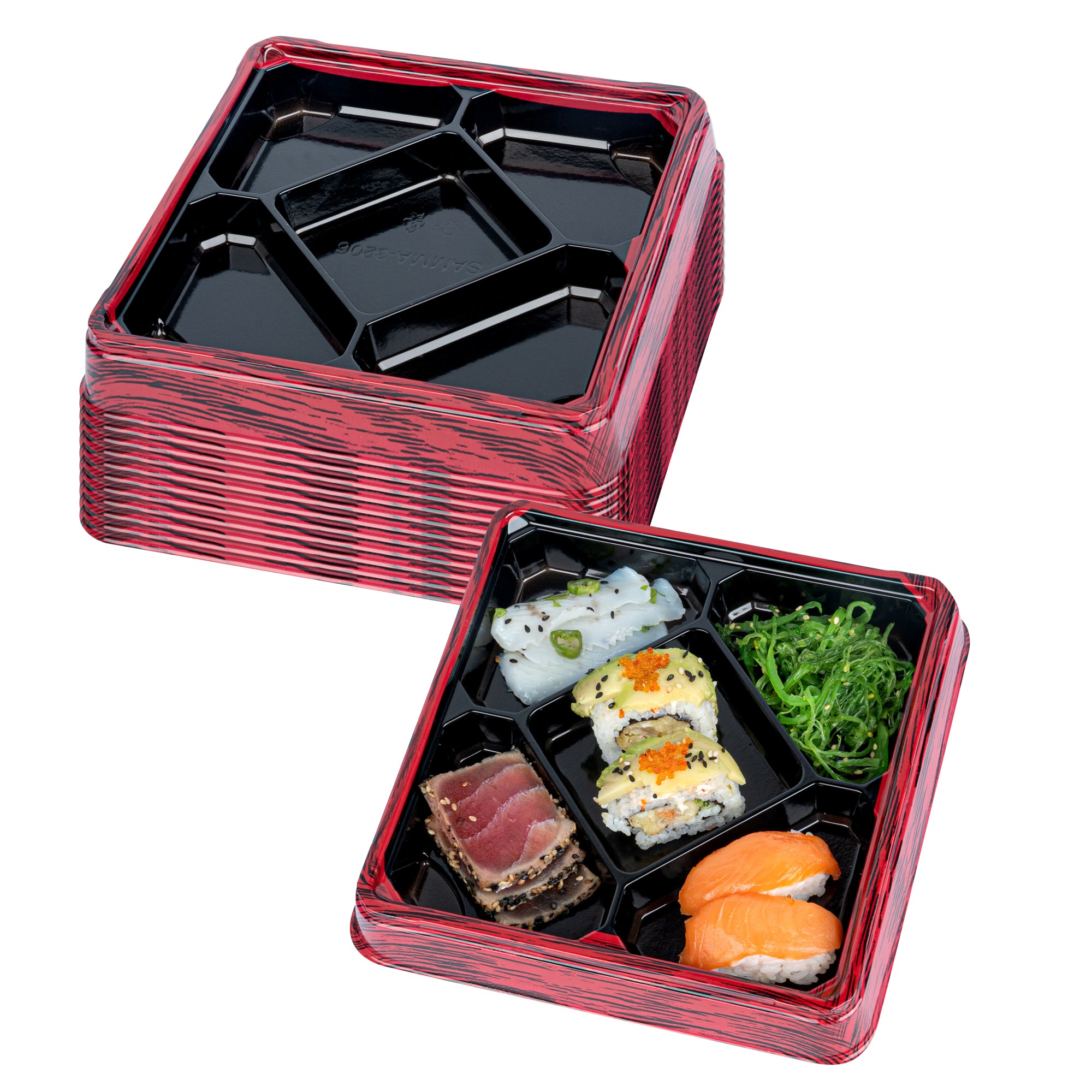 Bento Tek 19 oz Square Red and Black Plastic Bento Box with 5 Compartments - 8.5