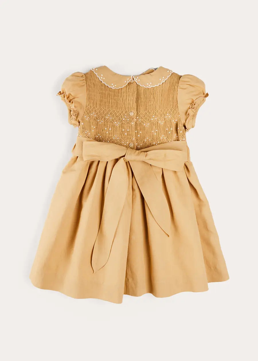 Hand Smocked Peter Pan Collar Short Sleeve Dress for Girls in Beige (12 Months - 10 Years) | Perfect for Birthday Parties, Easter, and Special Occasions