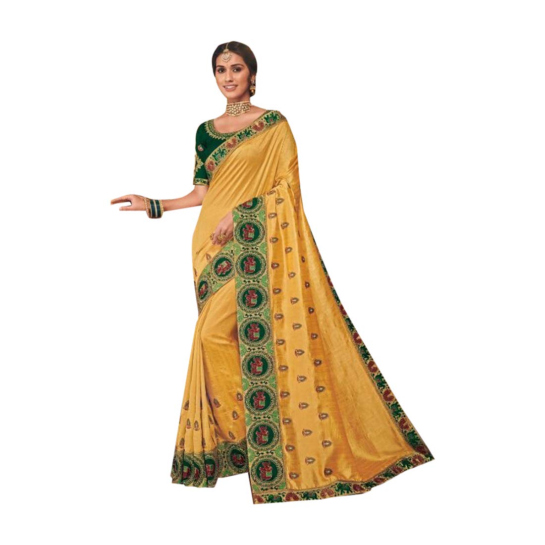 Designer Blend Silk Yellow Saree with Green Blouse - Indian Traditional Wedding Sari for Women | Bollywood Ethnic Dress for Festive Occasions, Parties & Formal Events | Perfect for Weddings, Diwali & Cultural Celebrations