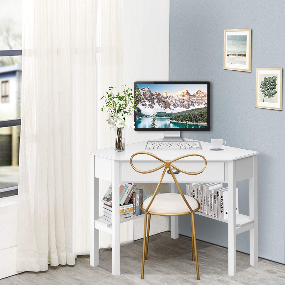 Tangkula White Corner Desk with Drawer & Storage Shelves - 90° Triangle Computer Desk for Small Spaces | Home Office, Gaming & Makeup Vanity Workstation
