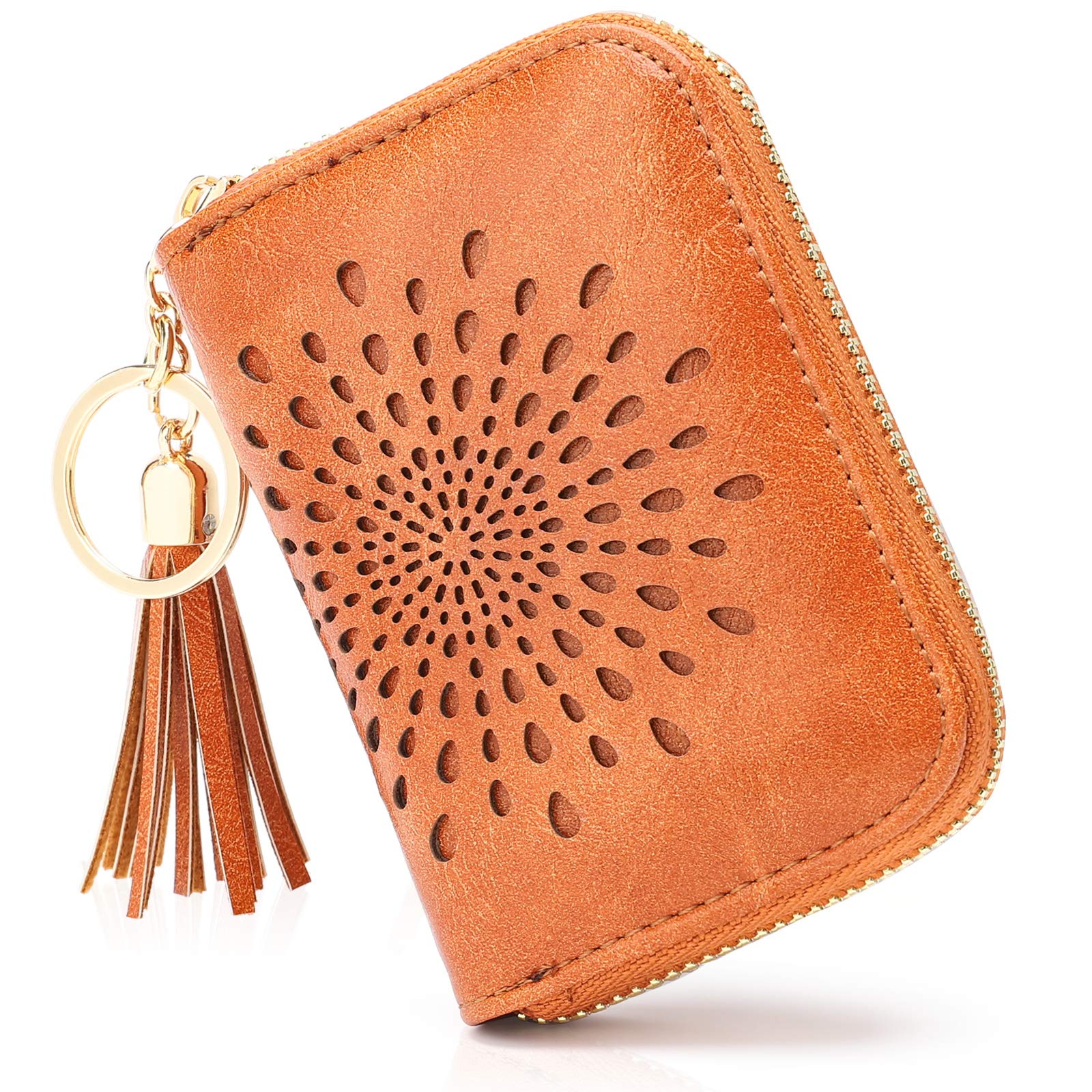 APHISON RFID Blocking Credit Card Holder - Slim Zipper Card Case with Keychain, Small Wallet for Women (Brown) - Perfect for Travel, Work, and Everyday Use