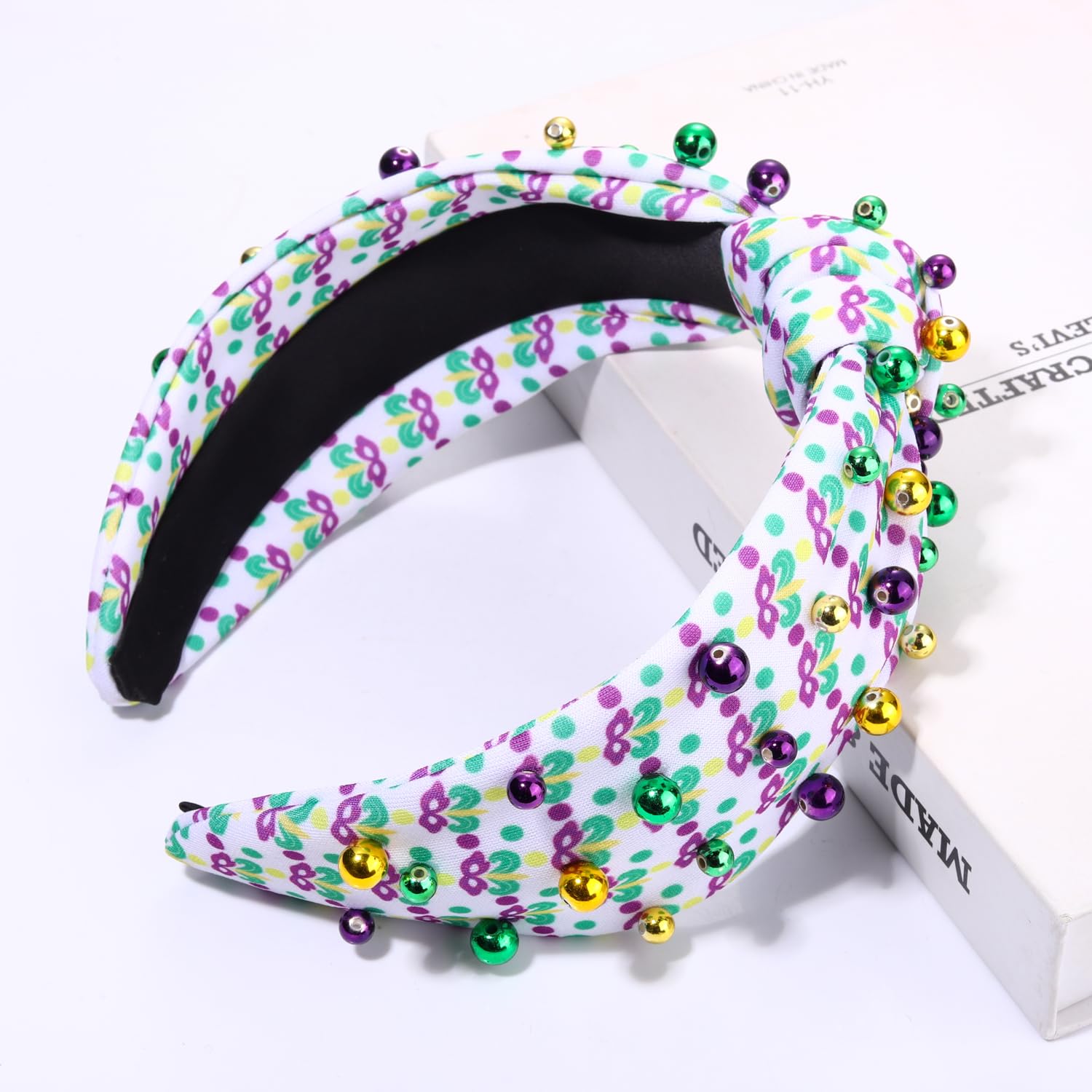 Women's Mardi Gras Headband with Purple Green Gold Beads & Fleur De Lis Mask - Knotted Carnival Hair Accessories for Parades, Parties & Festivals - Perfect Gift for Costume Events & Themed Celebrations