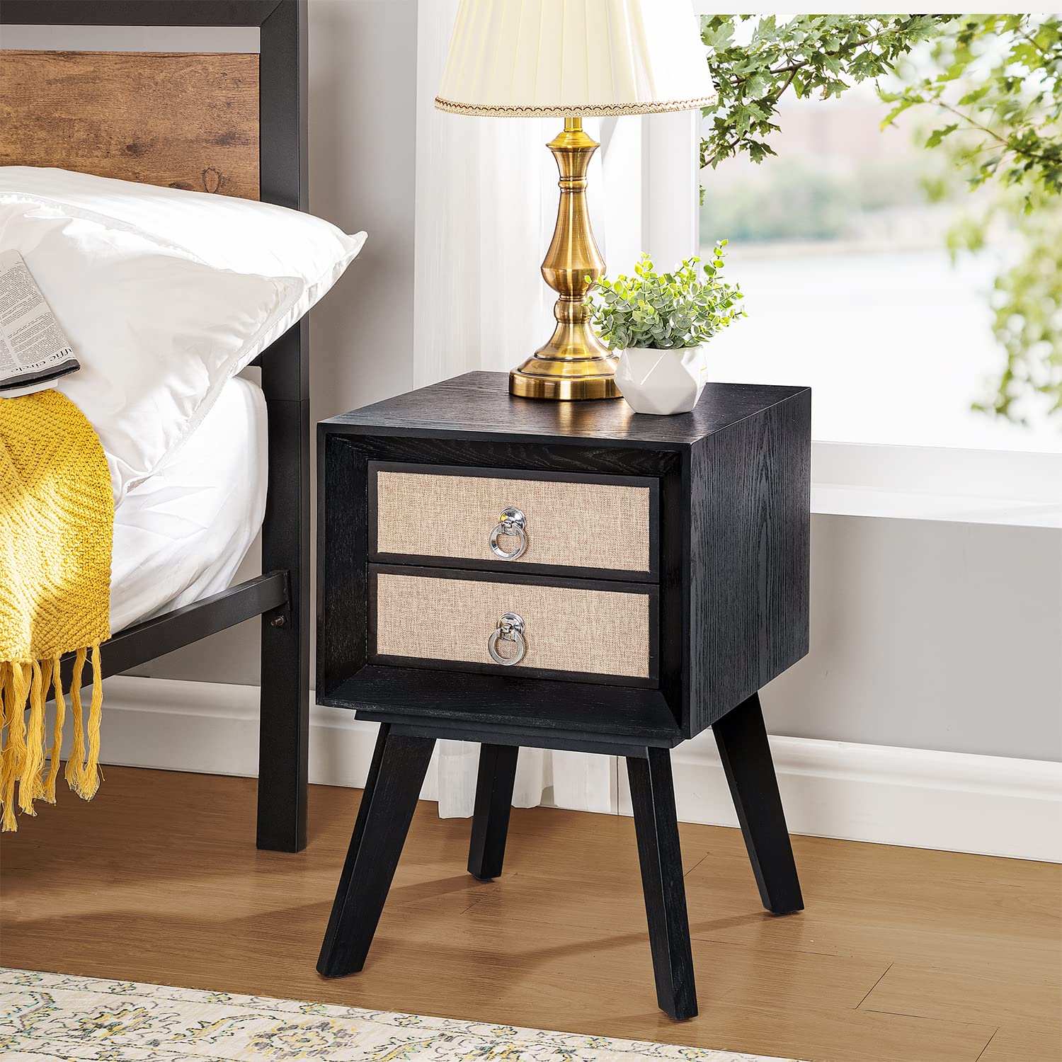 Modern End Table Nightstand with 2 Storage Drawers - Solid Wood Legs Bedside Cabinet for Bedroom & Living Room - Easy Assembly Black Nightstand - Perfect for Small Spaces, Apartment Decor & Guest Room Furniture