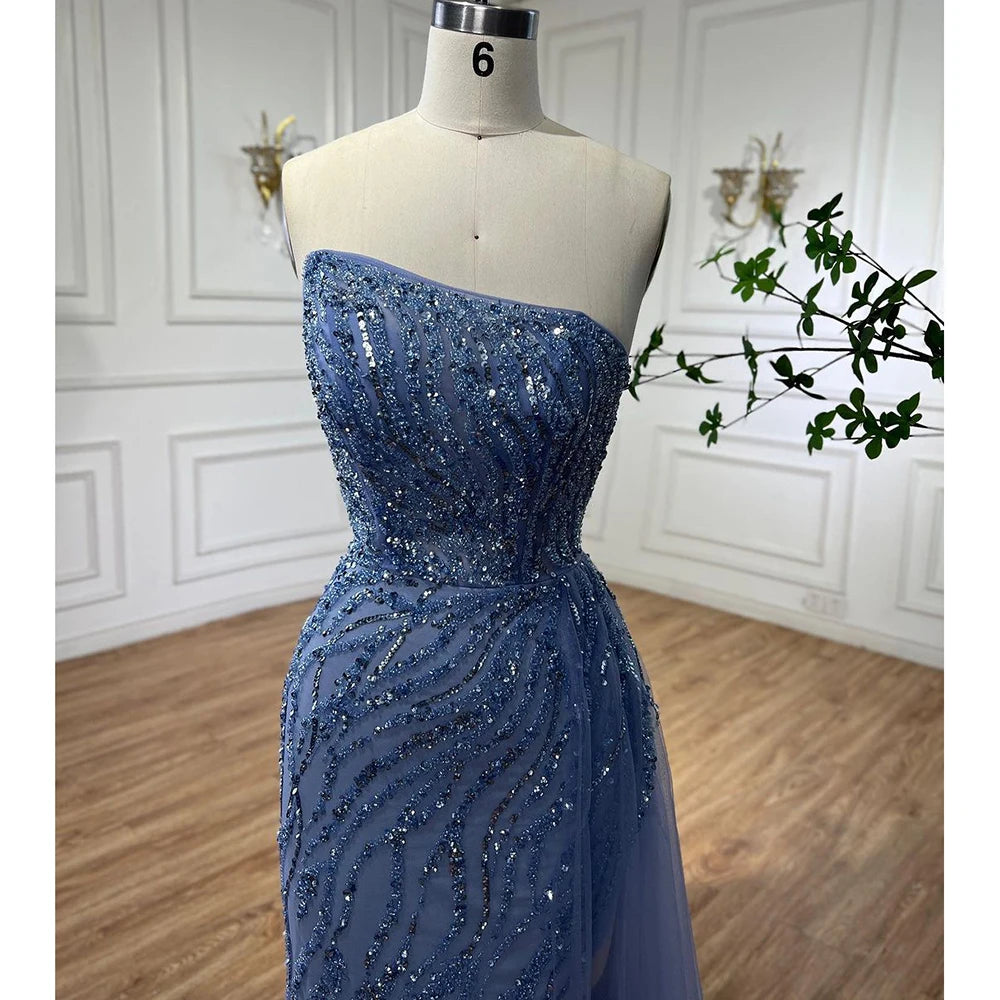Elegant Blue Mermaid Evening Gown with High Split & Beaded Skirt - Women's Formal Party Dress for Prom, Wedding, Gala & Special Occasions