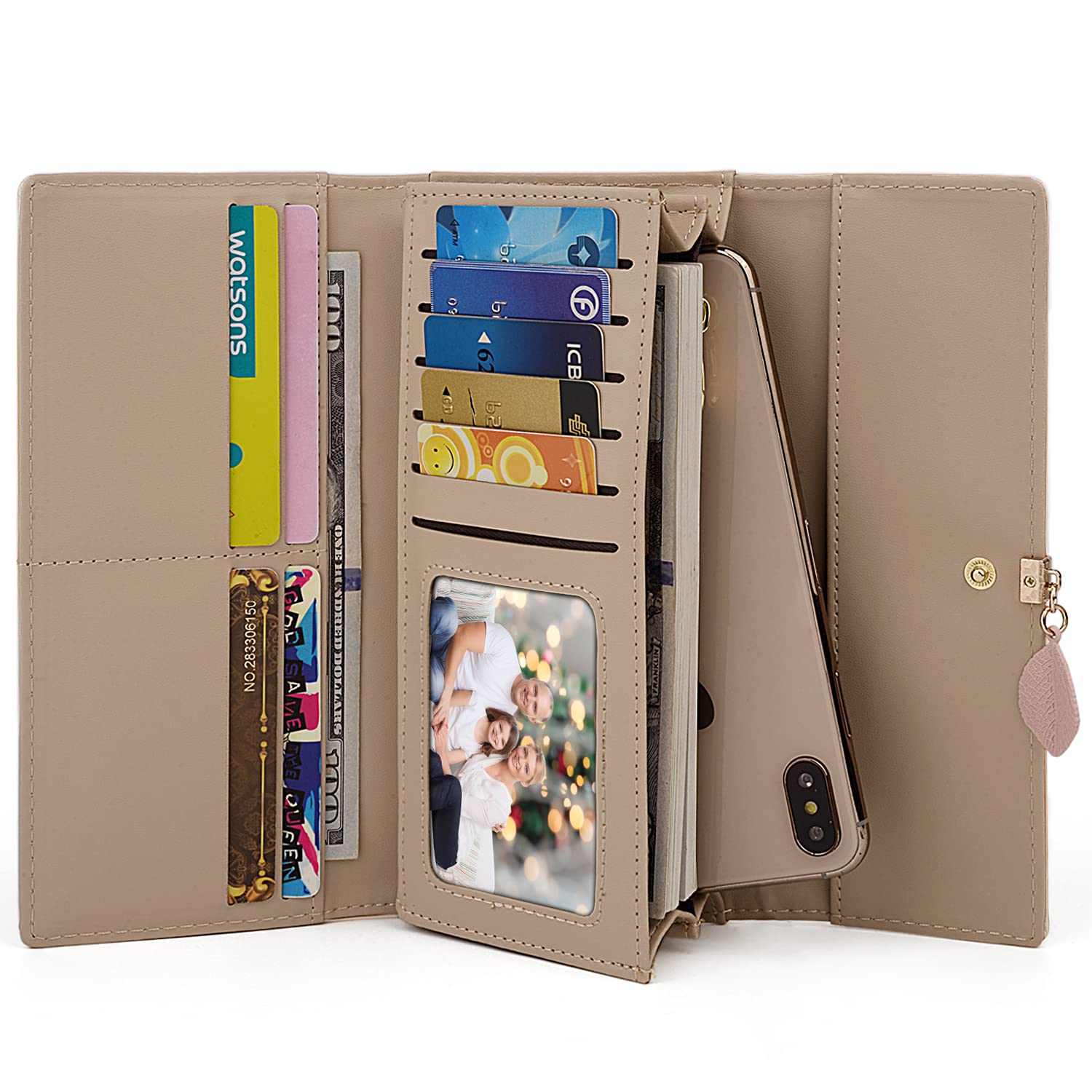 UTO RFID Blocking Wallet for Women - PU Leather Leaf Pendant Card Holder with Zipper Coin Purse | Phone & Checkbook Organizer | Perfect for Travel, Shopping & Everyday Use