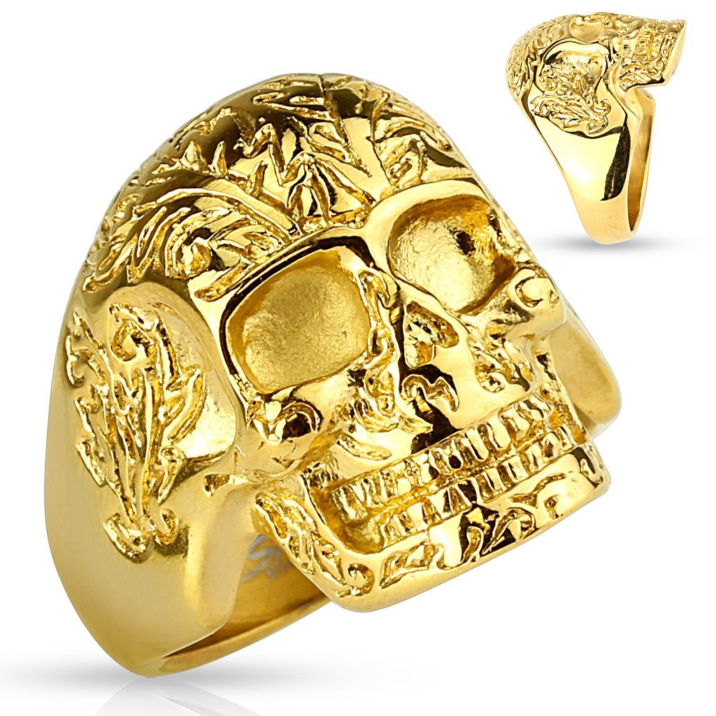 Jinique STR-0529 Fashion Stainless Steel Gold IP Floral Skull Ring for Women - Gothic Jewelry for Punk, Rock, Halloween & Party Outfits