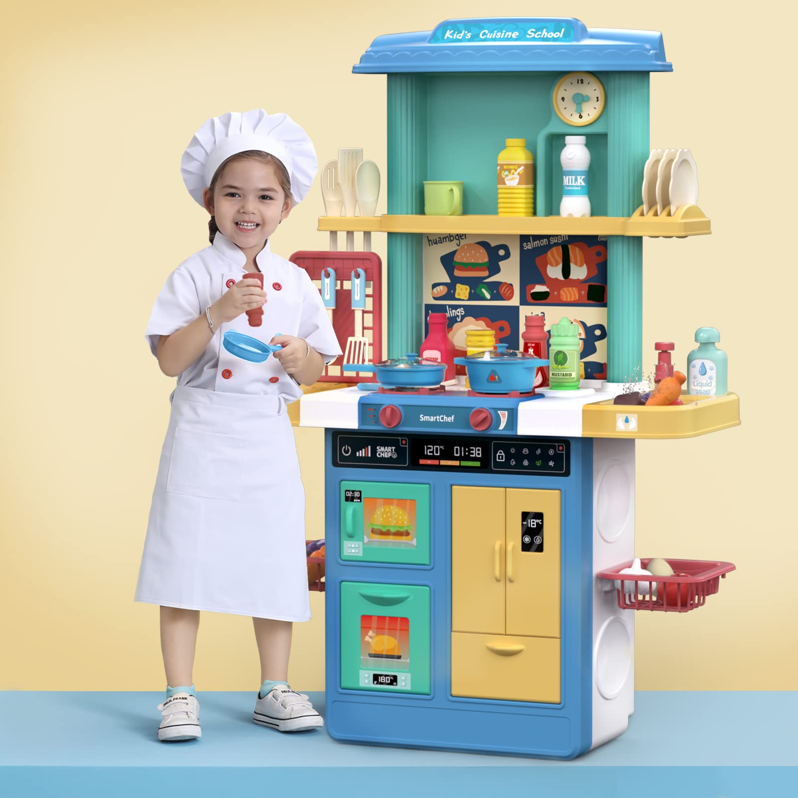 SmartChef Kids Play Kitchen Set with 49 PCS Accessories - Blue Interactive Toy Kitchen with Real Sounds & Lights - Pretend Play for Toddlers, Boys & Girls - Indoor & Outdoor Learning Fun
