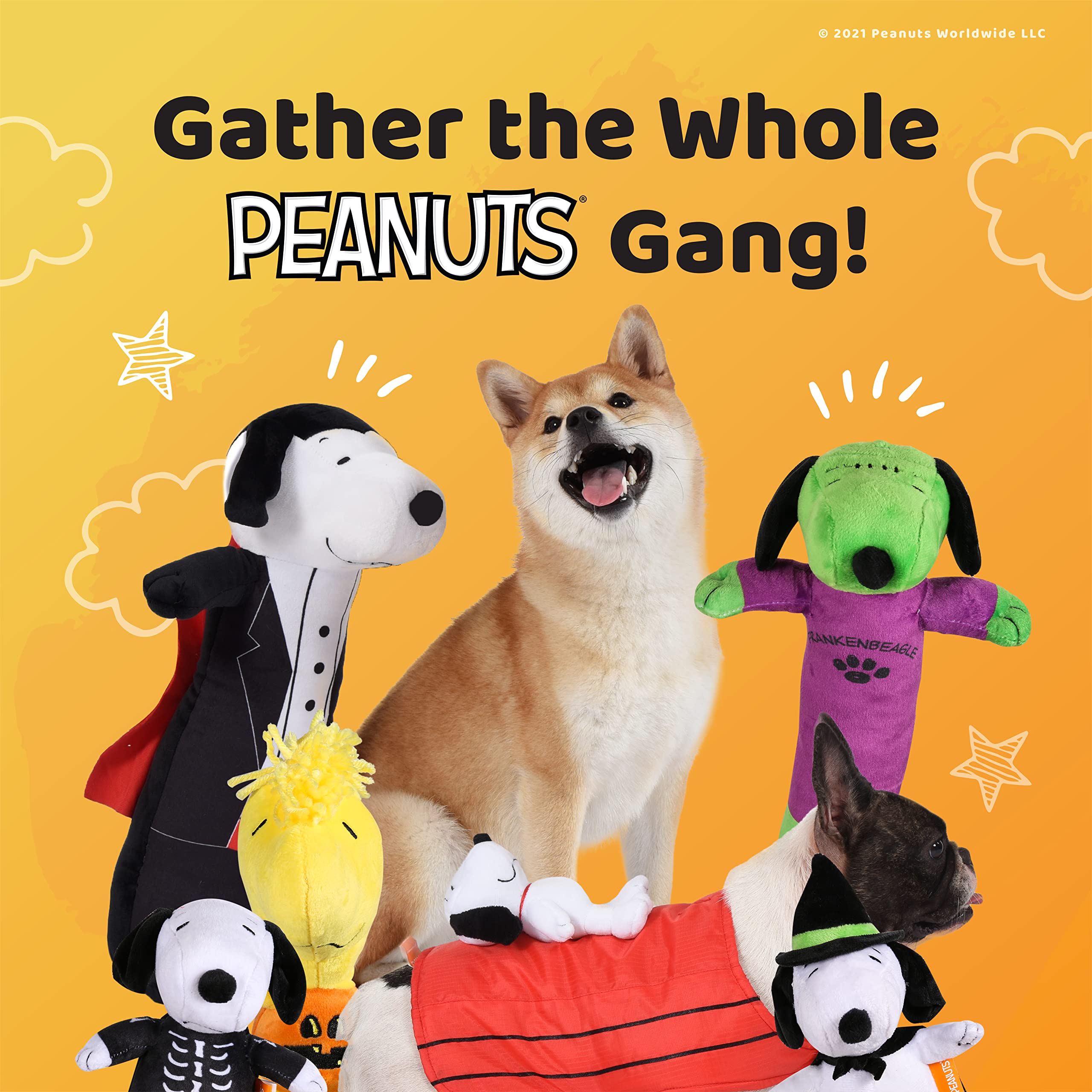 9 Inch 3 Pack Halloween Dog Toys - Snoopy Pumpkin, Woodstock Pumpkin & Snoopy Skeleton Plush Chew Toys | Officially Licensed Peanuts Collection | Durable Squeaky Dog Toys for Halloween Parties & Playtime