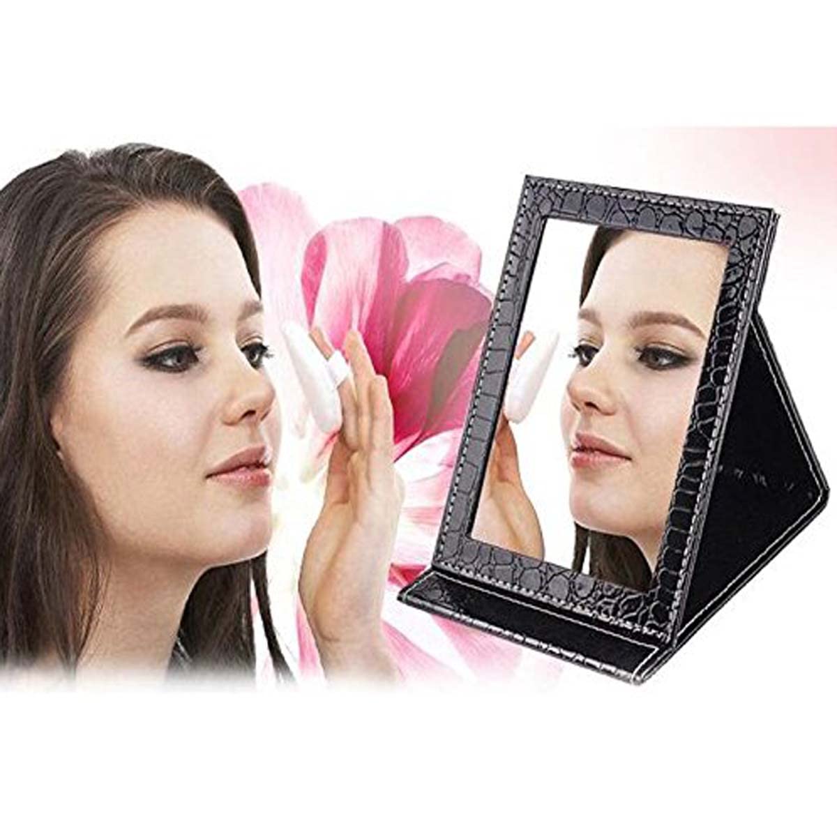 Premium Folding Travel Mirror - HD Vanity Mirror with Adjustable 90°/145° Stand, Ultra-Slim Leather-Covered Portable Makeup Mirror for Home, Office & Travel (Black) - Perfect for Makeup, Skincare & Grooming On-The-Go