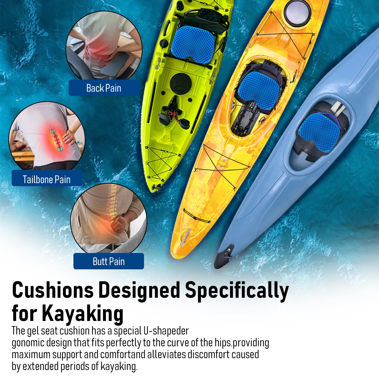 **Thick Anti-Slip Waterproof Kayak Seat Cushion – Portable Gel Canoe & Fishing Kayak Accessories for Comfortable Rowing, Inflatable Dinghy, and Stadium Use**    *(Perfect for Kayaking, Canoeing, Fishing, and Outdoor Water Sports – Stay Comfortable on Long Trips!)*