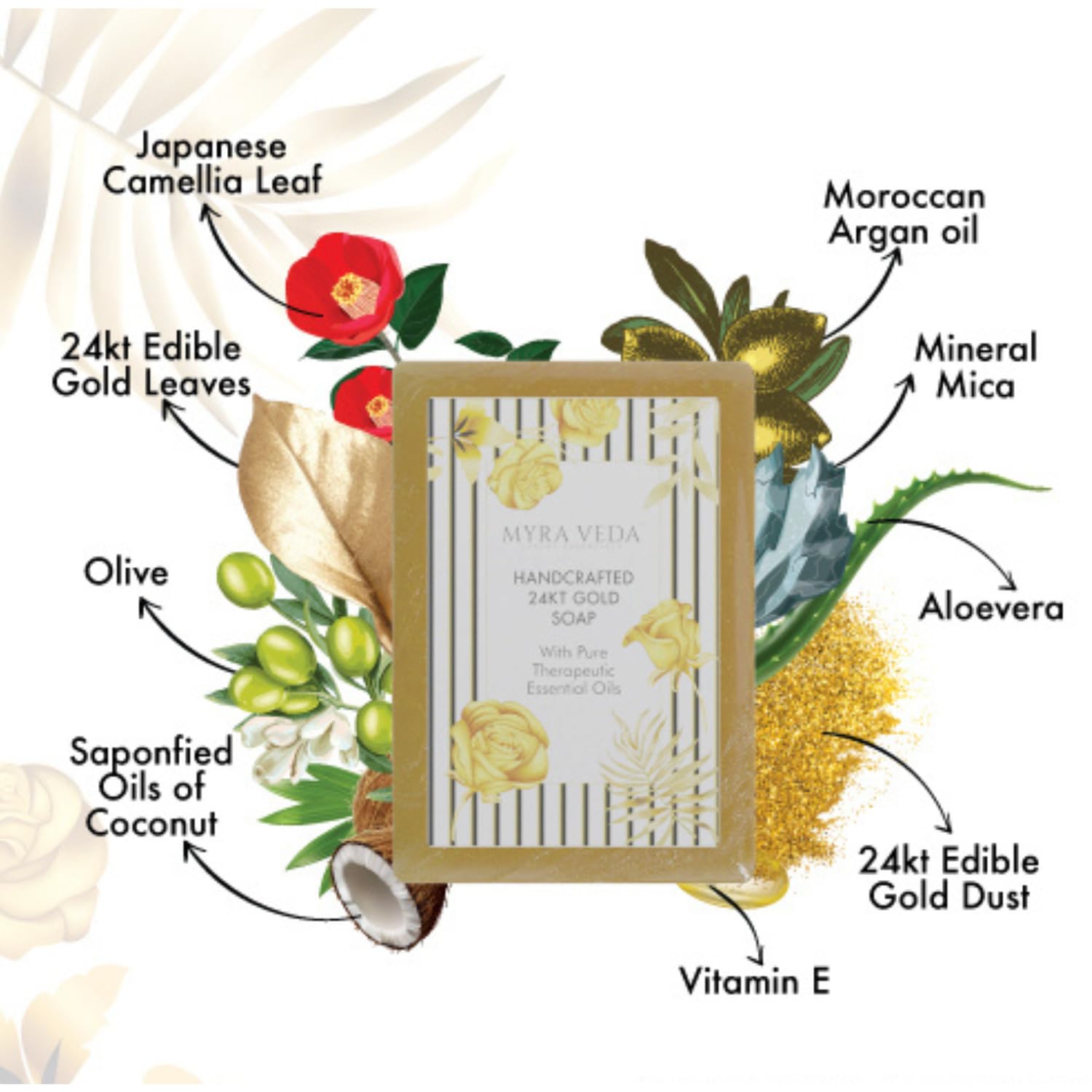 Myra Veda Organic Gold & Aloe Vera Bath Soap for Women & Men - 24KT Gold Infused, Vitamin E Enriched, 100% Natural Therapeutic Soap for Glowing & Hydrated Skin - Chemical-Free Handmade Soap Bar (100g) - Perfect for Daily Skincare, Spa Days & Luxury Gift Giving
