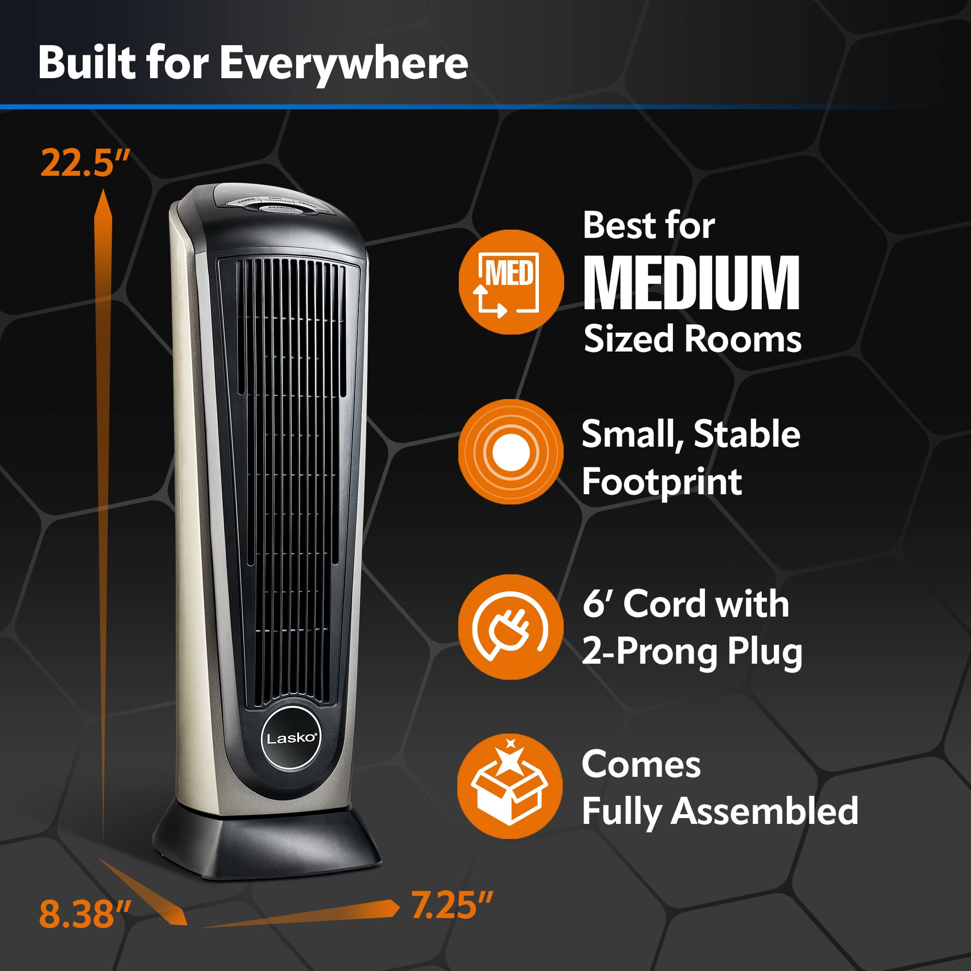 Lasko 1500W Oscillating Ceramic Tower Space Heater with Adjustable Thermostat, Timer & Remote Control - 22.5 Inch Grey/Black for Home, Office & Bedroom (Model 751320) - Perfect for Winter Heating & Energy Efficient Warmth