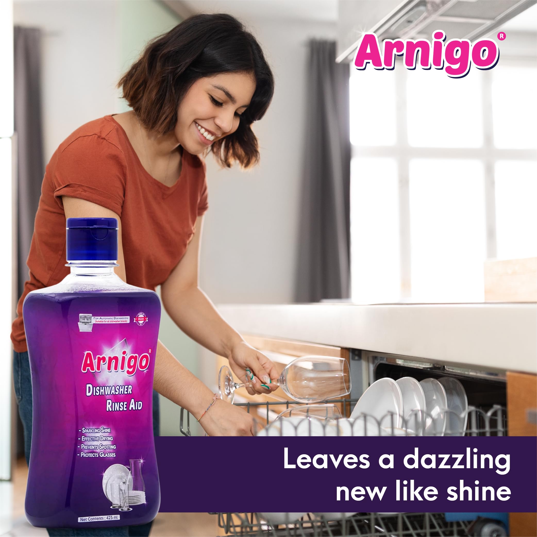 Arnigo Dishwasher Rinse Aid for All Brands - Eliminates Streaks on Glassware, Speeds Drying, Protects Glass with Brilliant Shine - Lemon Scent (425ml) - Perfect for Sparkling Clean Dishes, Wine Glasses & Everyday Dishwashing