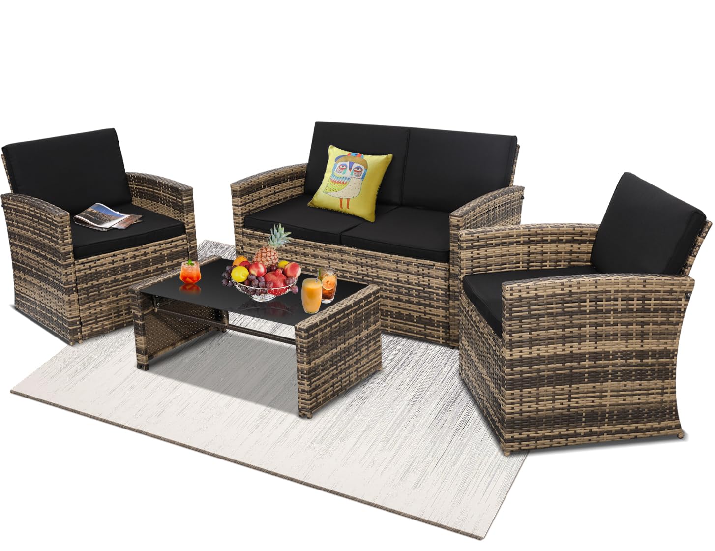 4-Piece Outdoor Patio Conversation Set - Wicker Sectional Sofa with 2 Chairs & Coffee Table - Natural Rattan Furniture with Black Washable Cushions - Perfect for Porch, Deck, Garden & Backyard Relaxation