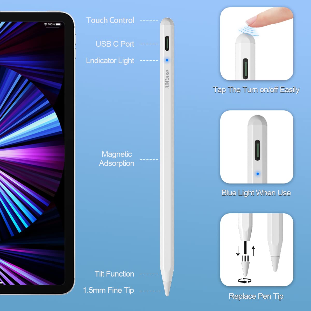 AICase Stylus Pen for Touch Screens - 1.5mm High Precision Digital Pencil with Fine Point for iPad, Android Tablets - Perfect for Drawing, Note Taking & Office Work (White)