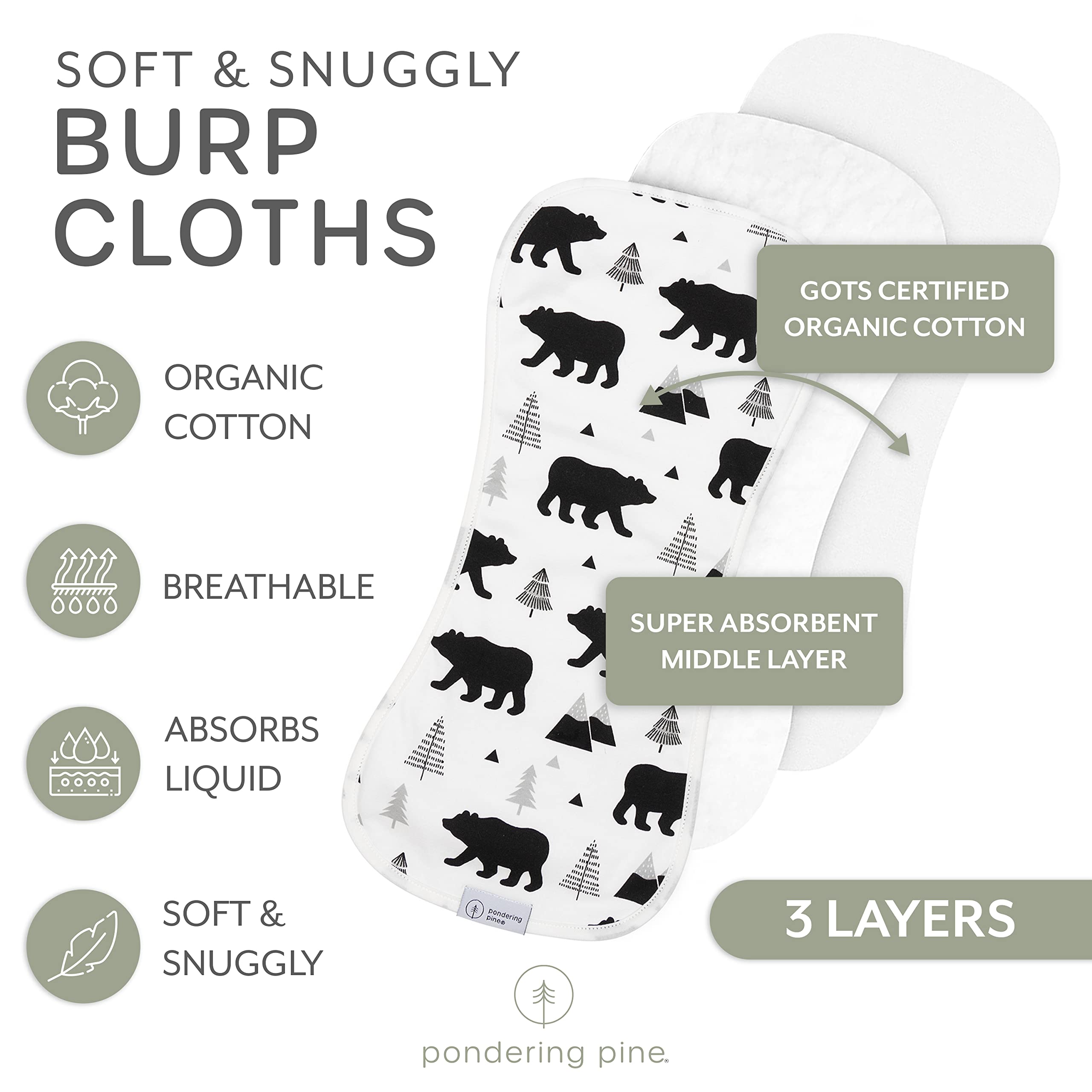 Organic Baby Burp Cloths - Ultra Absorbent XLarge Burping Clothes for Newborns | Unisex Spit-Up Towels & Milk Rags (4-Pack, Bear Woodland Design) - Perfect for Feeding, Nursing, and Diaper Bag Essentials