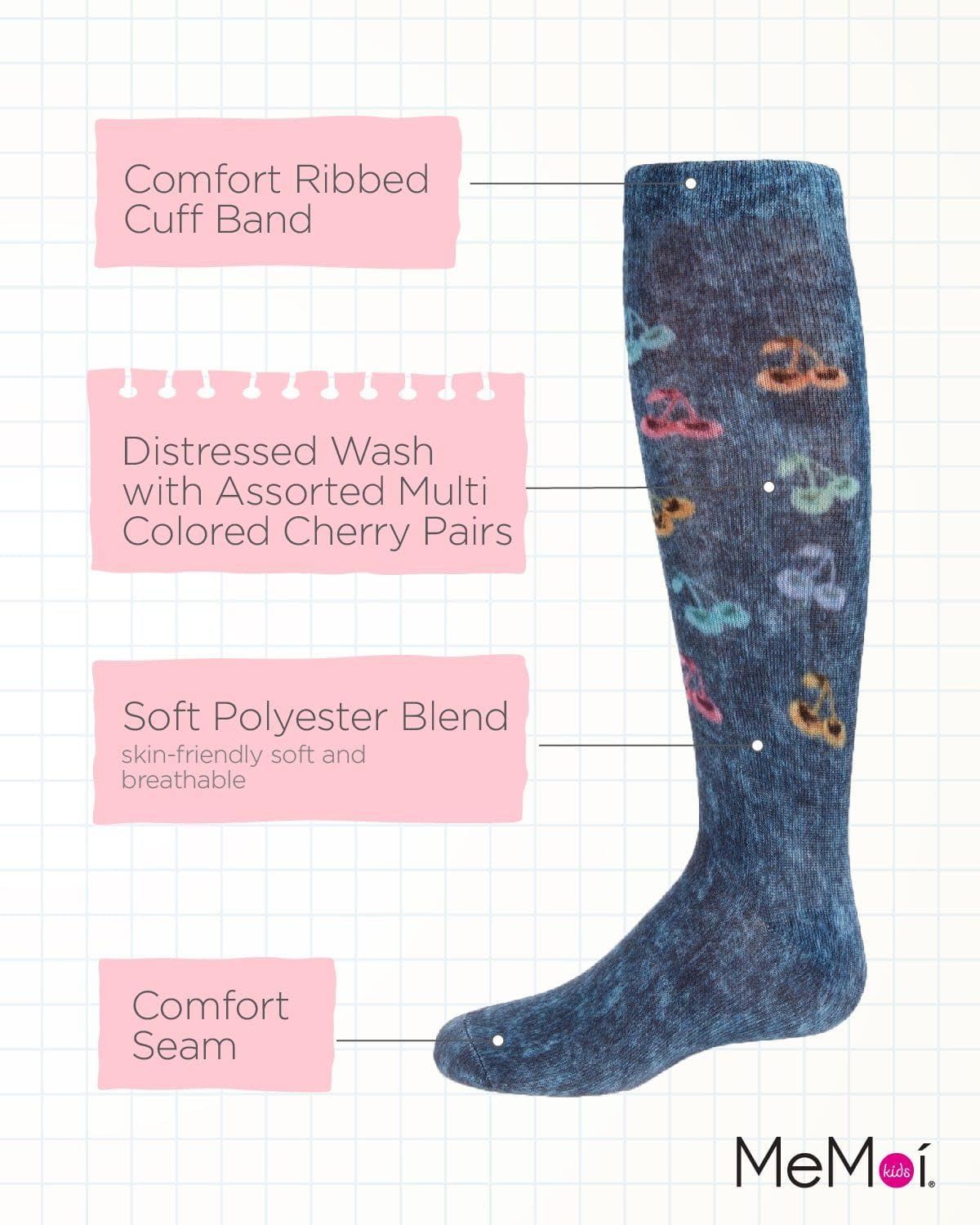 MeMoi Distressed Wash Denim Cherry Print Knee High Socks for Girls - Cute Fashion Accessories for School, Outfits & Casual Wear