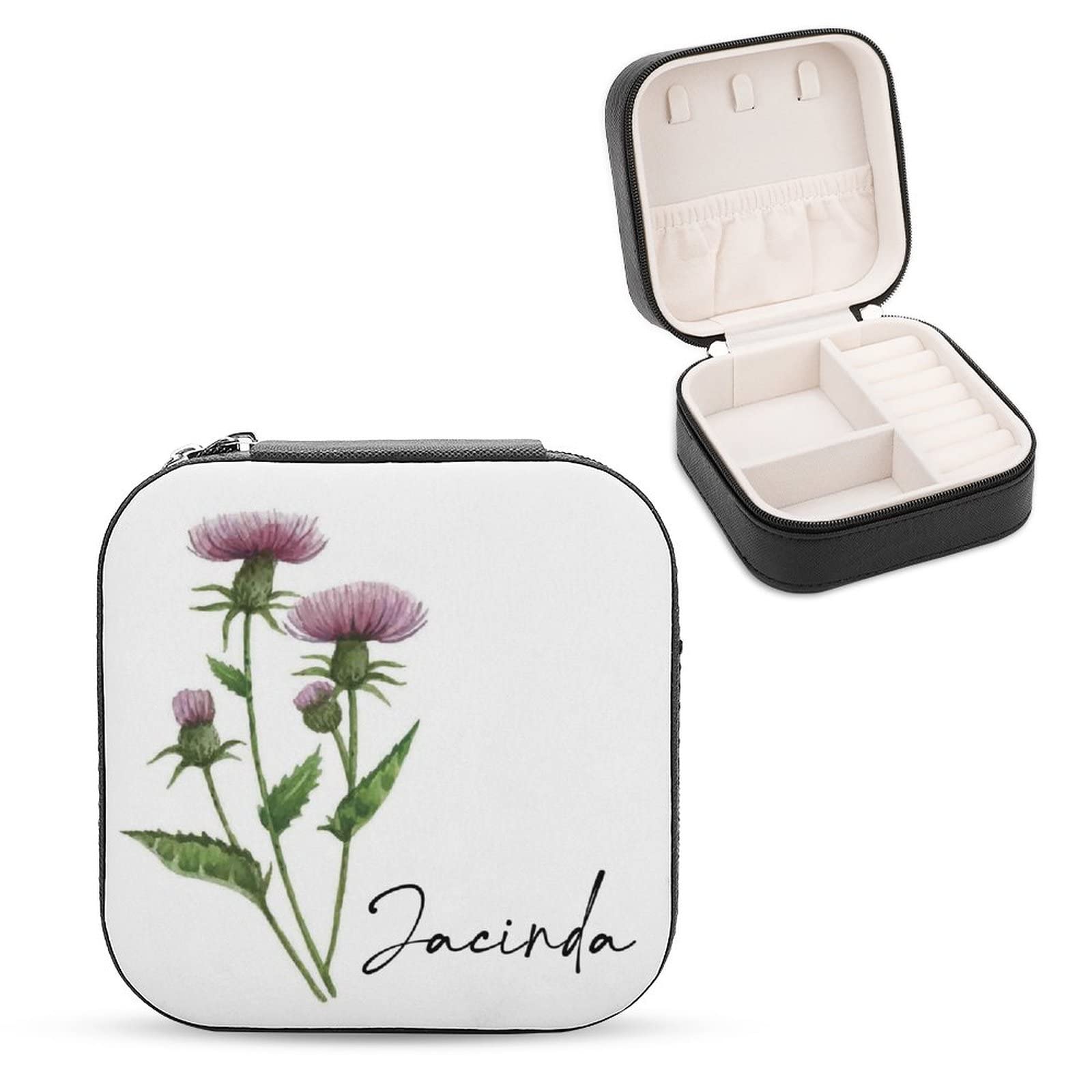 Personalized Custom Jewelry Box with Name & Flower Engraving - Round/Square Rotating Travel Jewelry Storage Case - Perfect Bridesmaid Gift, Birthday Present for Women & Girls (Black) | Great for Wedding Accessories, Travel Organization & Special Occasion Gifts