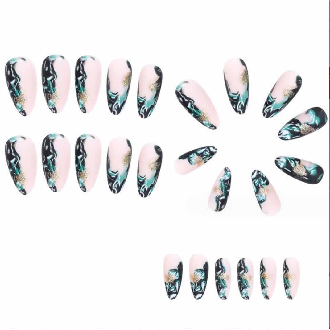 Almond Press On Nails Medium Length - 24PCS Full Cover Fake Nails Set with Glossy Finish in Nude & Black Colors | Perfect for Parties, Weddings, and Everyday Wear
