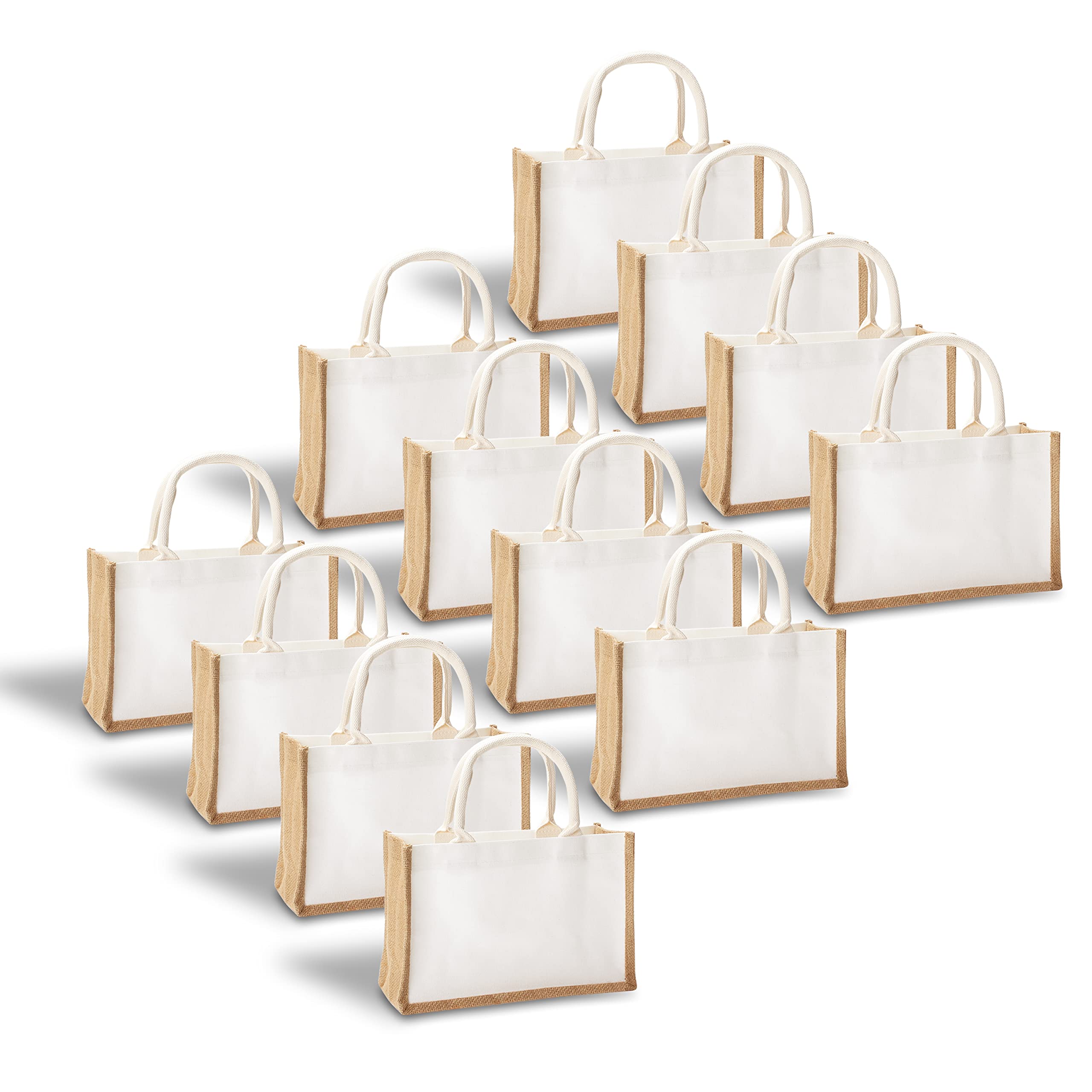 Eco-Friendly Jute Beach Tote Bags Bulk - Set of 12 Small Burlap Tote Bags with Handles (12.6