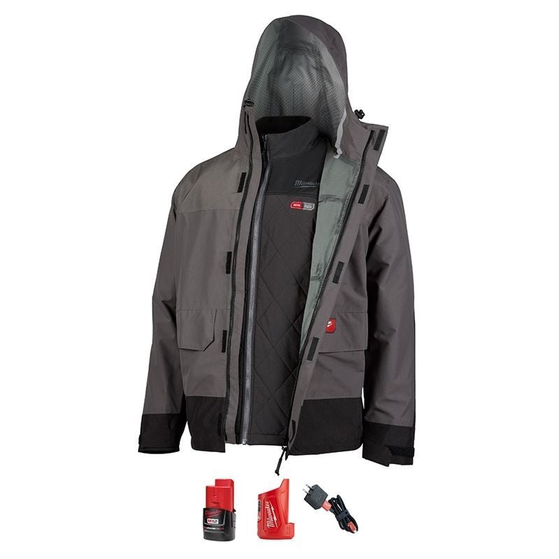 203RN 21 M12 12V Lithium-Ion Cordless Heated AXIS Layering System with HYDROBREAK Rain Shell Kit - XL Size (Gray) | Winter Outdoor Gear for Hunting, Skiing & Cold Weather Activities