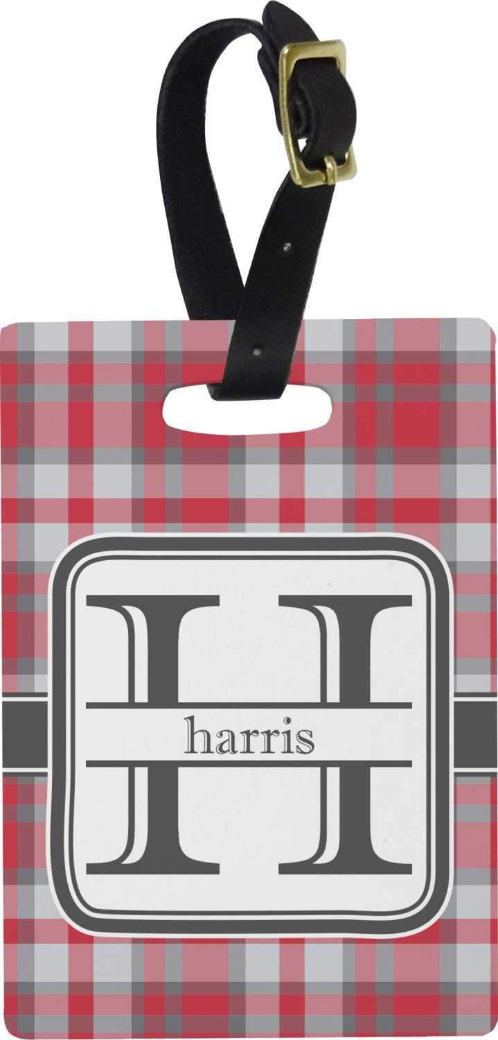 Personalized Red and Gray Plaid Plastic Luggage Tag with Name and Initial - Durable Rectangular Travel ID Tag for Suitcases, Backpacks, and Carry-Ons - Perfect for Airports, Business Trips, and Vacation Travel