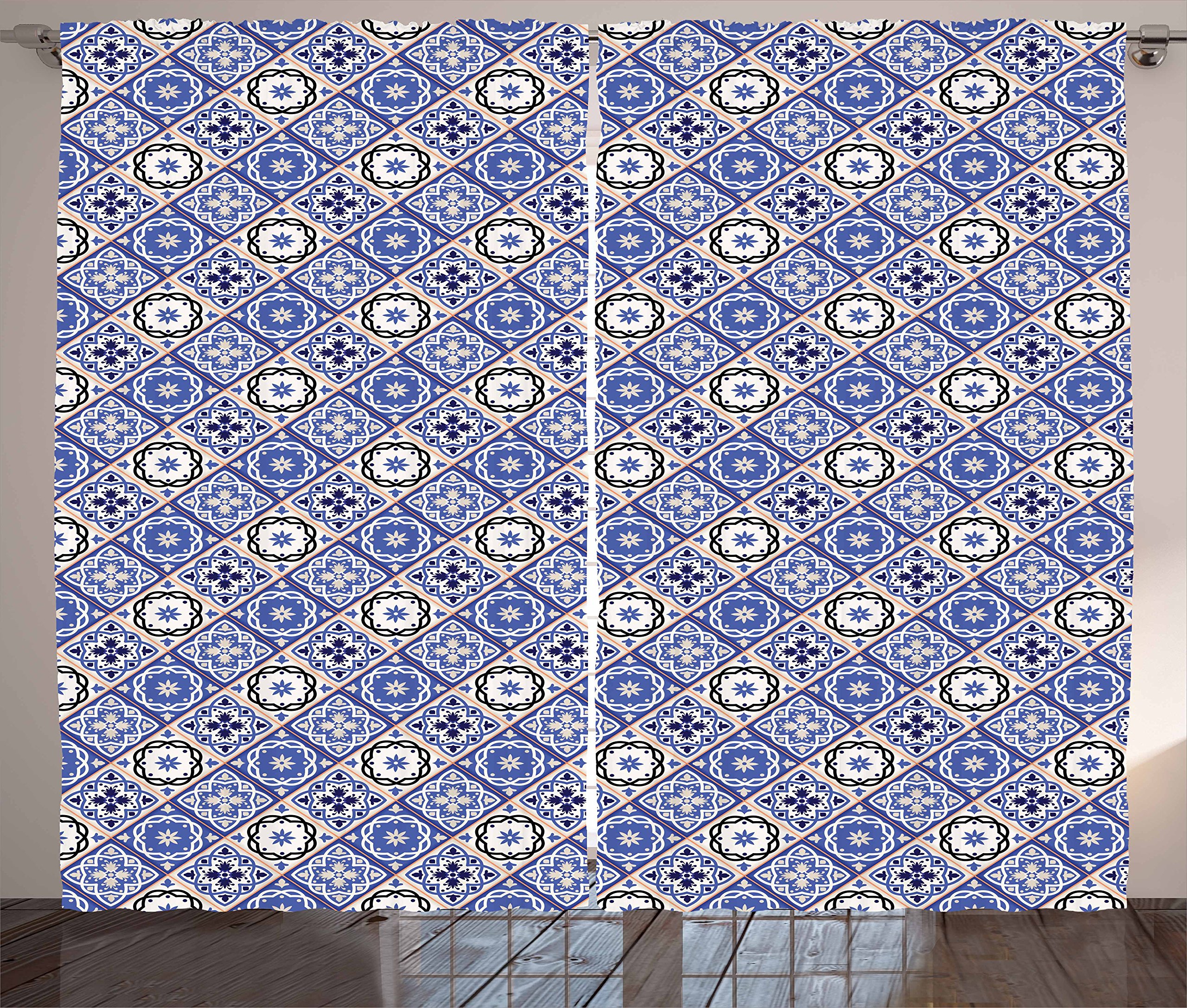 Ambesonne Moroccan Curtains - Geometric Tile Squares Azulejo Design Print Window Drapes 2 Panel Set, 108