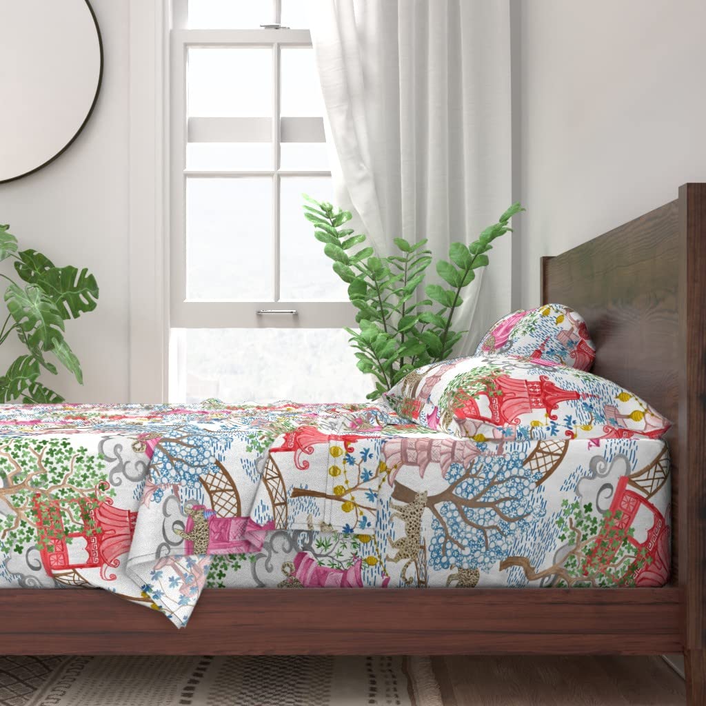 Premium 100% Cotton Twin 3-Piece Sheet Set | Party Leopards Pagoda Forest Blue Teal Trees Toile Chinoiserie Print Custom Bedding | Soft & Breathable for Comfortable Sleep | Perfect for Guest Rooms, Dorms & Cozy Bedrooms