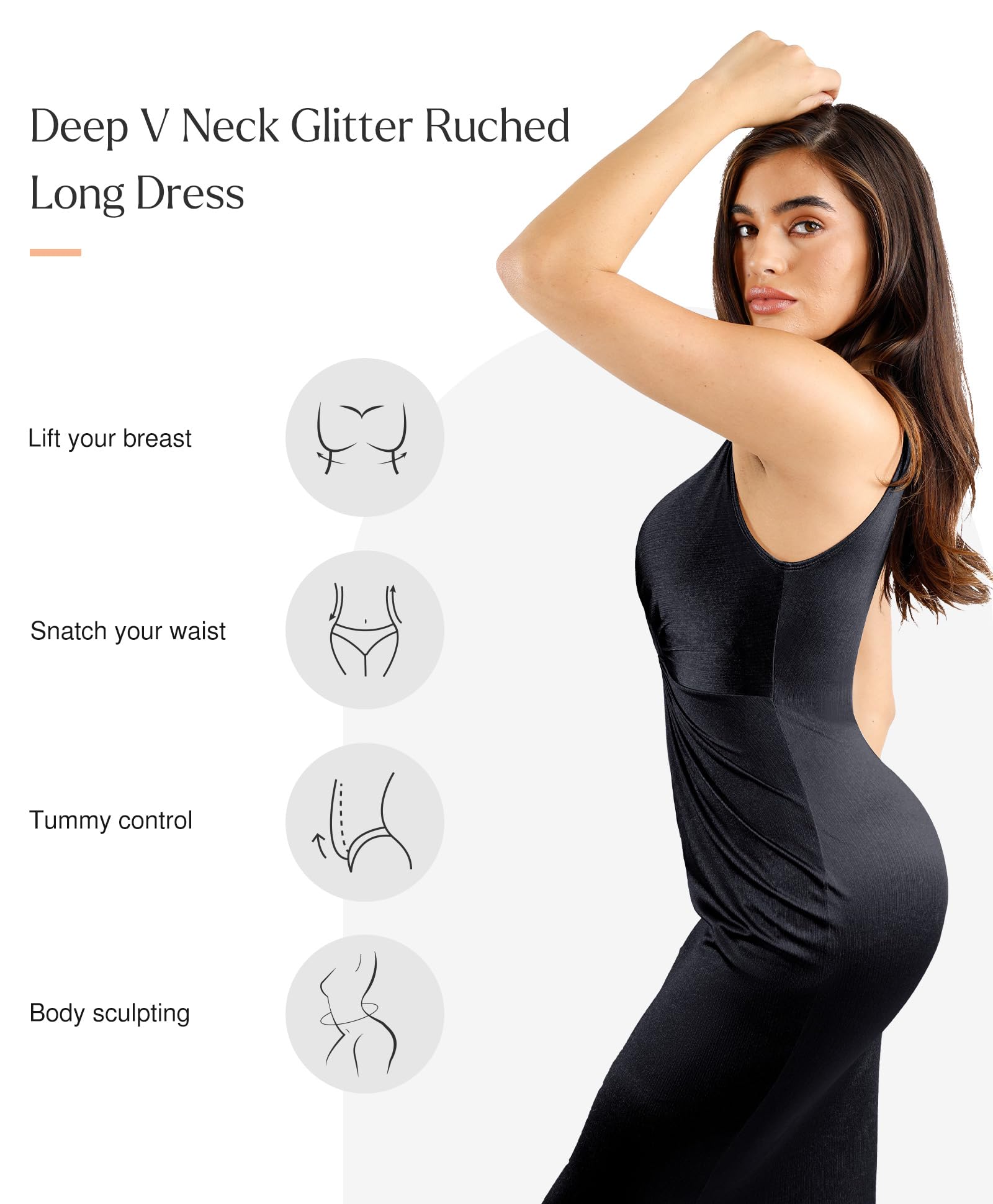 Popilush Shapewear Dress - Ruched Bodycon Maxi Dress with Deep V Neck & Built-in Shapewear, Sleeveless Formal Long Dress for Women | Perfect for Weddings, Parties & Evening Events