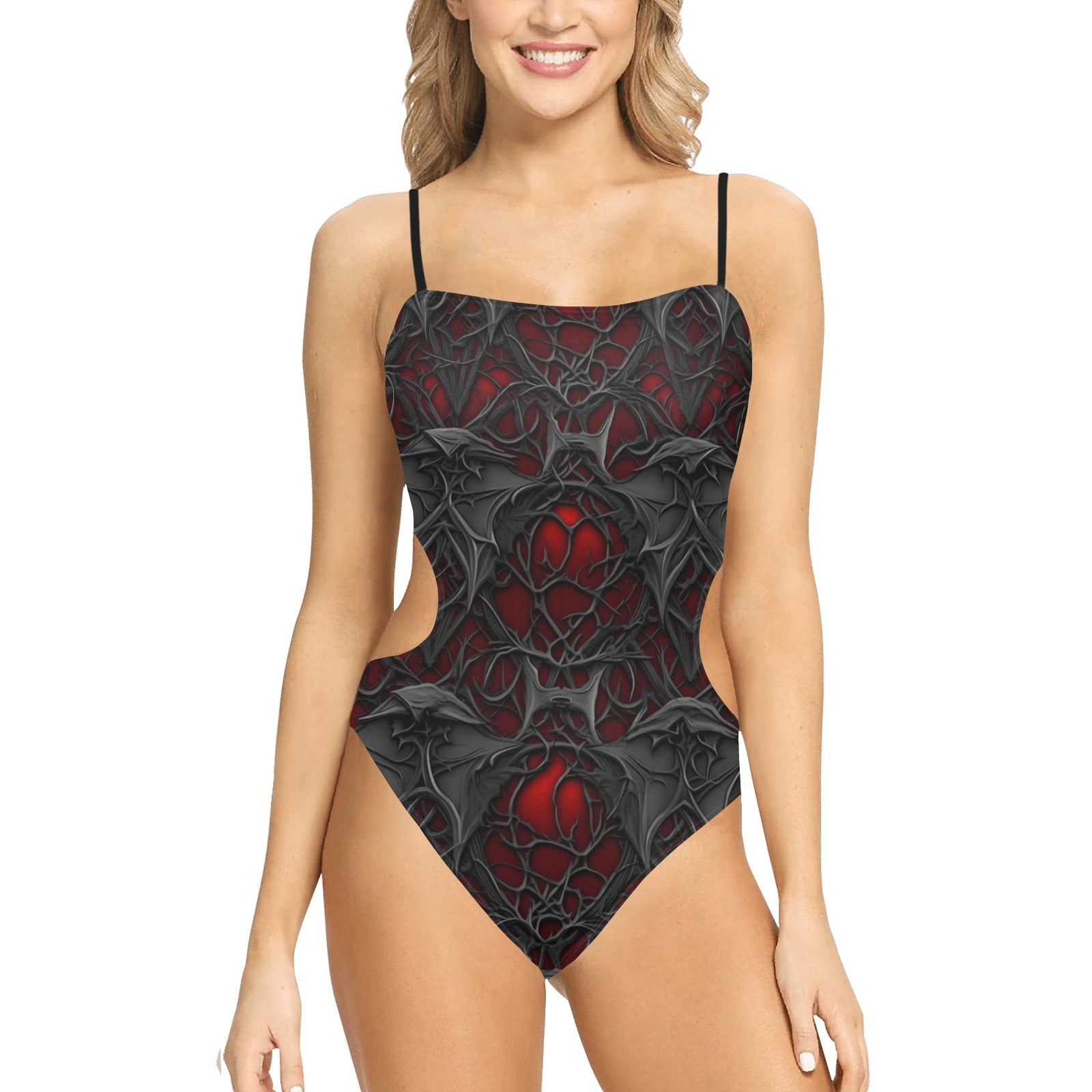 Gothic Webbed Red and Black Spaghetti Strap Cut-Out Sides Swimsuit - Sexy Gothic Swimwear for Women, Gothic Beachwear, Gothic Bikini for Pool Party, Halloween, Cosplay, Gothic Fashion