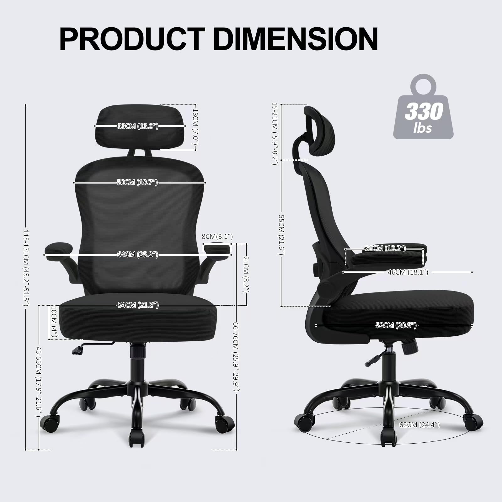 TUKAKA Ergonomic Office Chair with Adjustable Lumbar Support & Headrest - Ultra Thick Cushion, Rocking Function & Flip-Up Arms - Mesh Computer Chair for Home Office (Black) - Perfect for Long Work Hours, Gaming & Remote Work