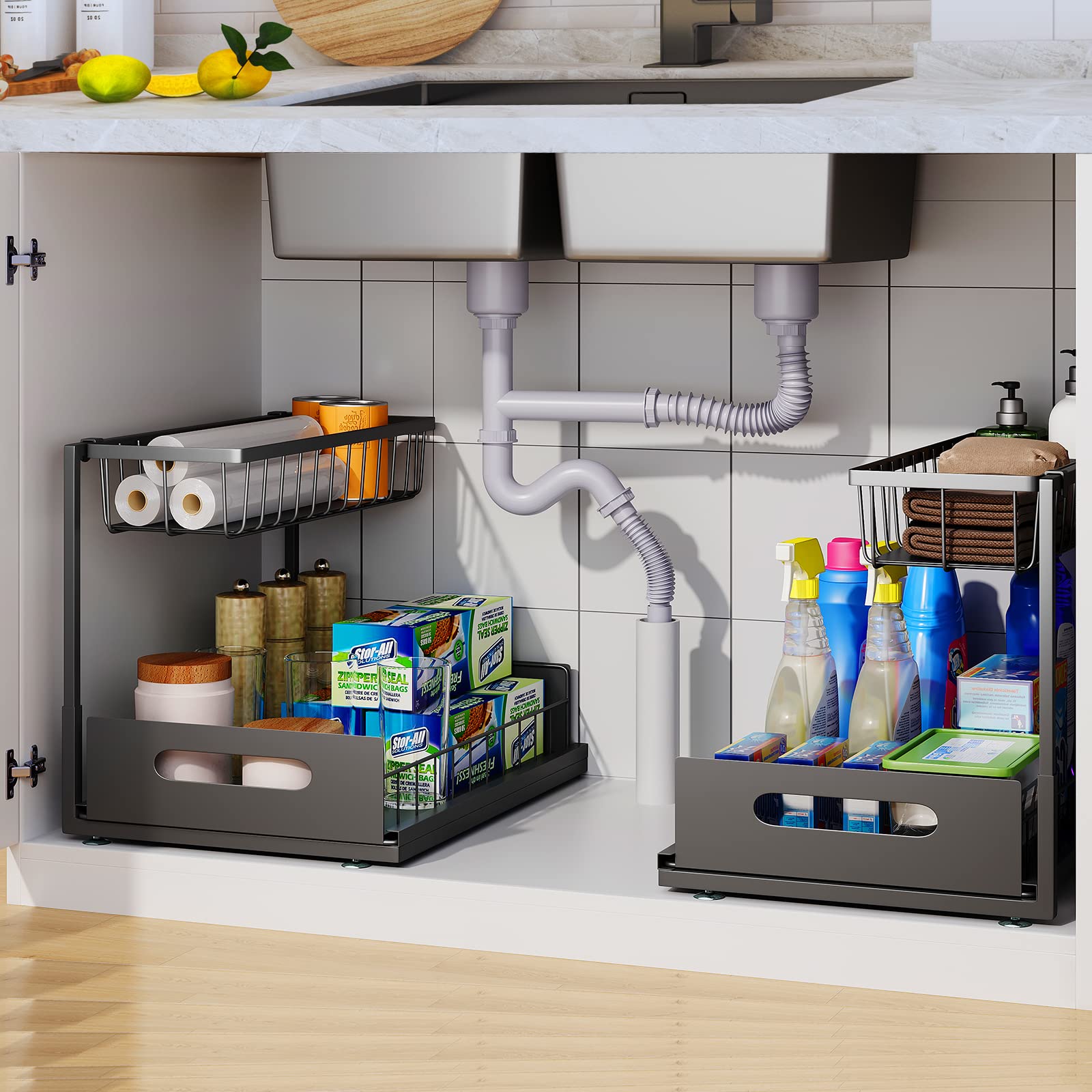 2 Pack Under Sink Organizers and Storage - 2 Tier Sliding Cabinet Basket Drawer Pull Out Organizer for Kitchen & Bathroom (Black) | Space Saving Solution for Under Sink Storage, Pantry Organization & Closet Shelving