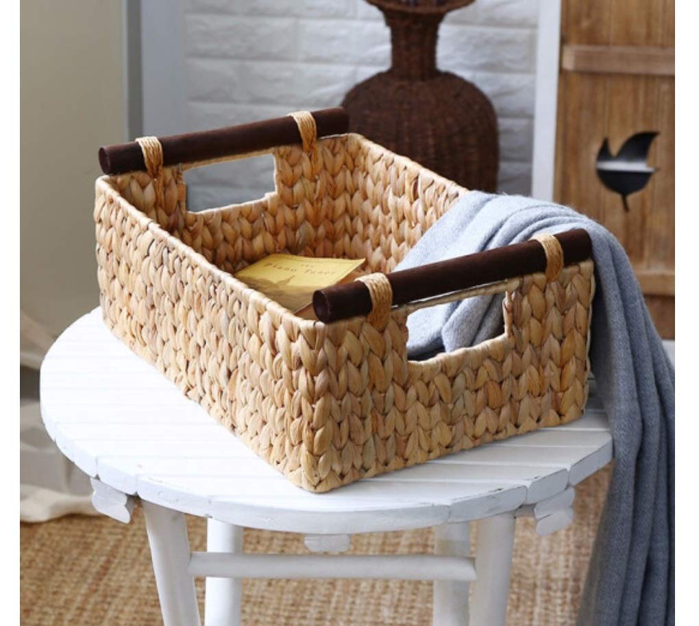 Handmade Straw American Solid Wood Handle Storage Basket - 37x26x16x13.5cm - Coffee Table Organizer, Snack Storage, Home Decor for Living Room & Bedroom