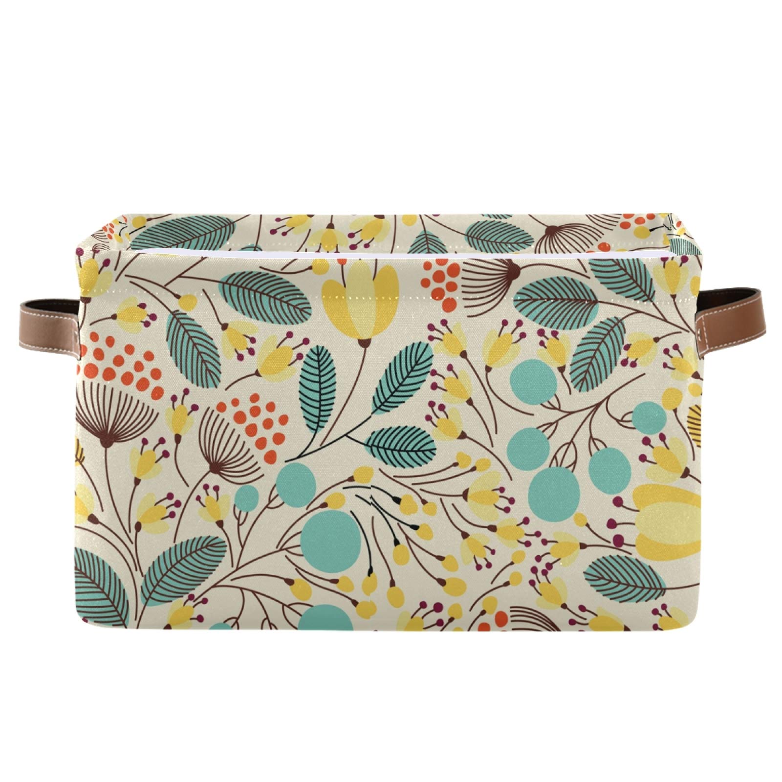 Yellow Floral Canvas Storage Basket - Square Storage Bin for Home & Office Organization - Closet, Shelf, and Desk Organizer - Perfect for Bedroom, Bathroom, and Kids' Room Storage (1-Pack)