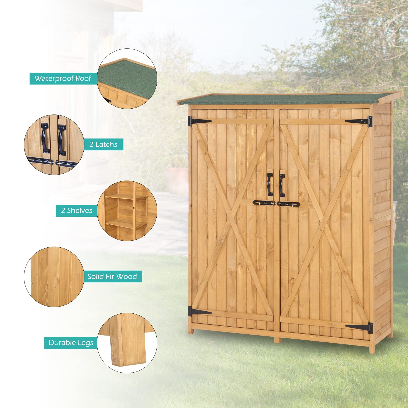 VINGLI Upgraded Extra Large Outdoor Wooden Storage Shed - Weatherproof Garden Tool Cabinet with 2 Safety Latches | Perfect for Organizing Lawn Equipment, Yard Tools & Patio Furniture | Durable Teak Wood Construction for Backyard, Garden & Outdoor Storage Needs