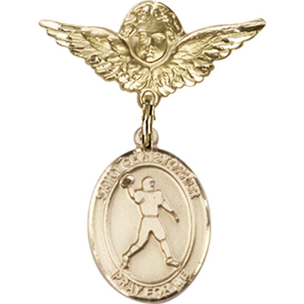 St. Christopher Gold Filled Baby Badge Pin with Football Charm & Angel Wings - 1 x 3/4 Inch - Perfect for Christening Gifts, Baby Showers & First Communion Keepsakes