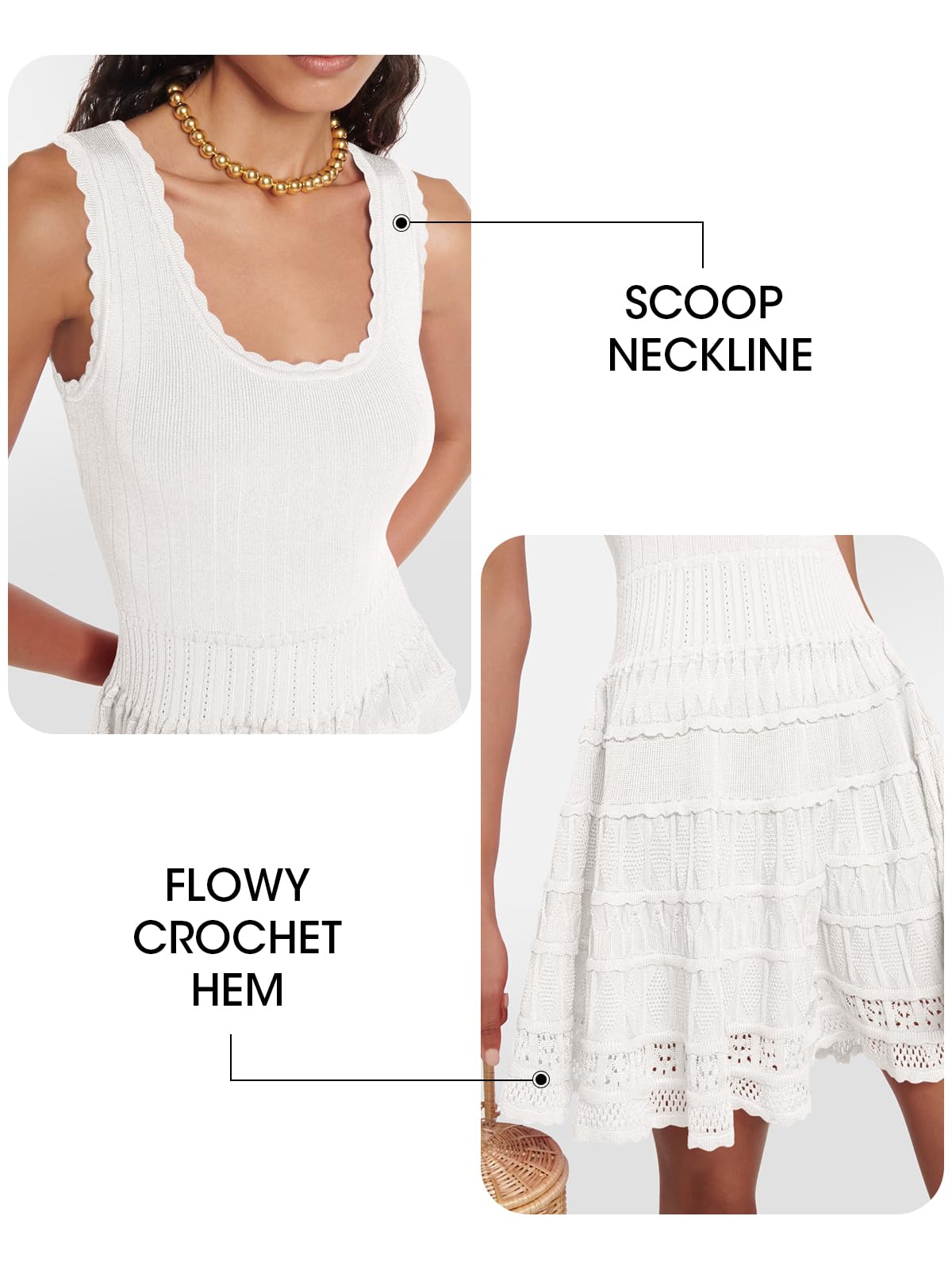 Fisoew Women's Summer Mini Dress - Casual Crewneck Knitted Crochet Hem Flowy Tank Sundress for Beach, Vacation & Outdoor Activities