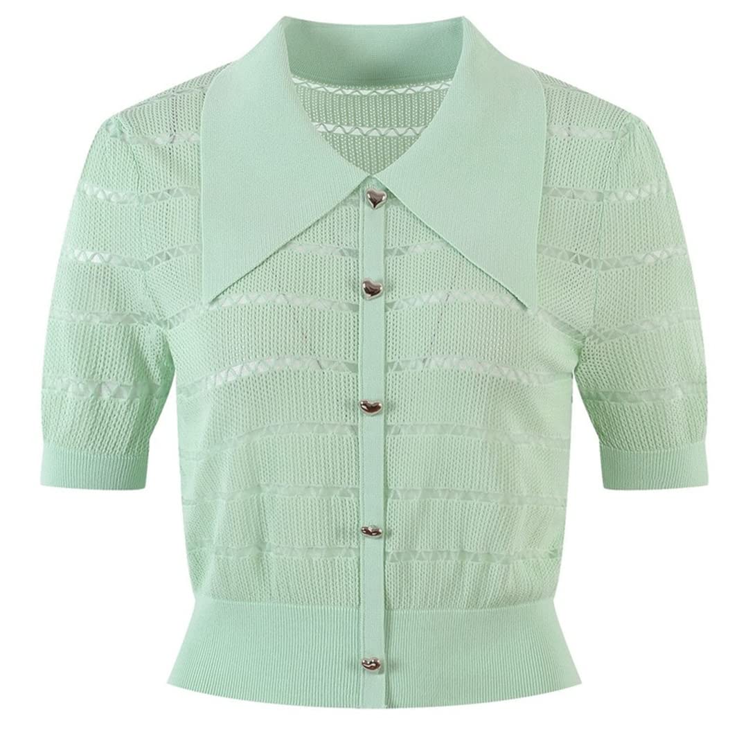 Women's Short Sleeve Knit Cardigan with Heart Buttons - Casual White & Green Sweater Top for Spring & Summer | Perfect for Office, Date Night & Weekend Outfits