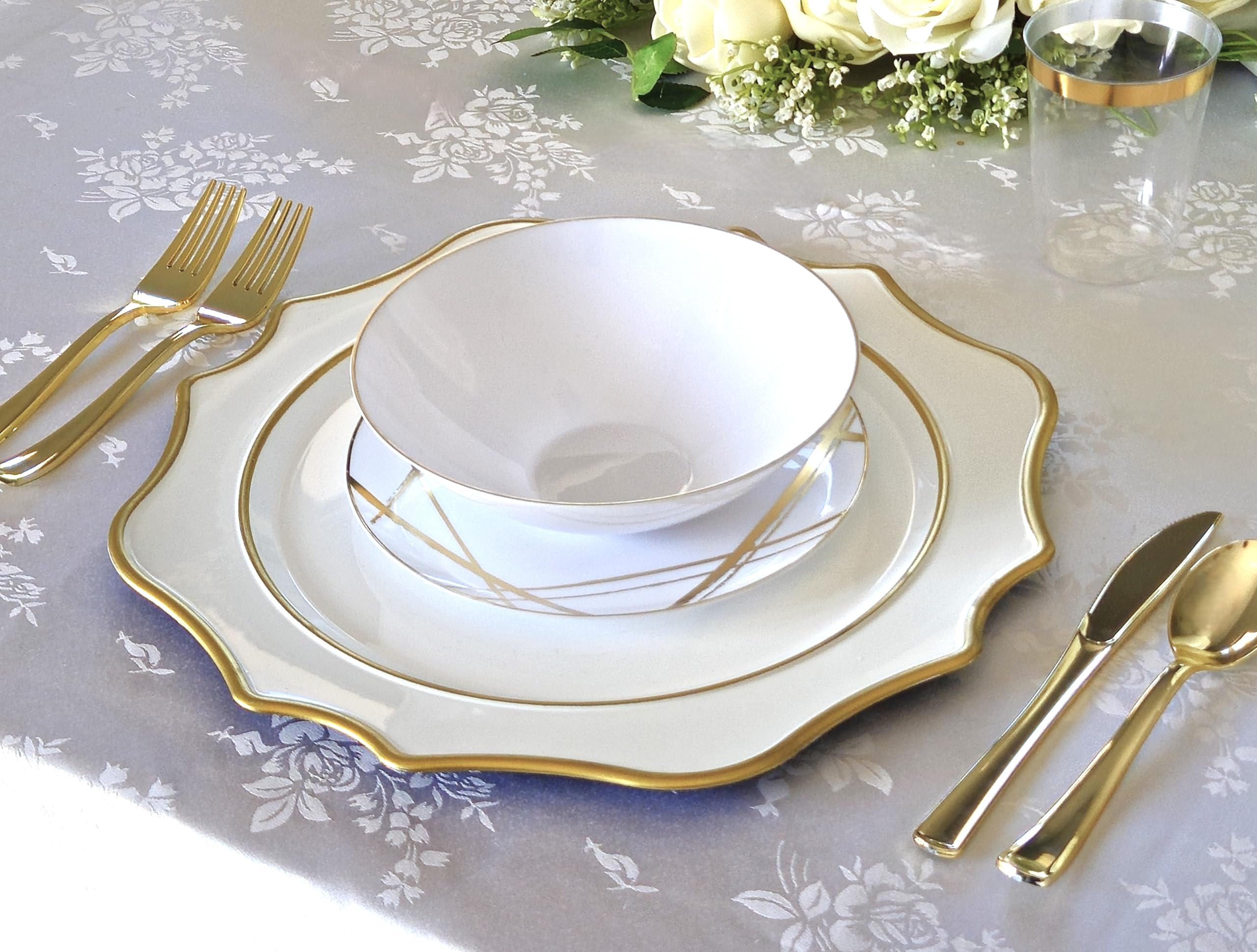 120 Pack Disposable Plastic Plates for Wedding & Party - 10.25 Inch Elegant White & Gold Dinner Plates (Monet Design) - Perfect for Bridal Showers, Anniversary Celebrations & Formal Events
