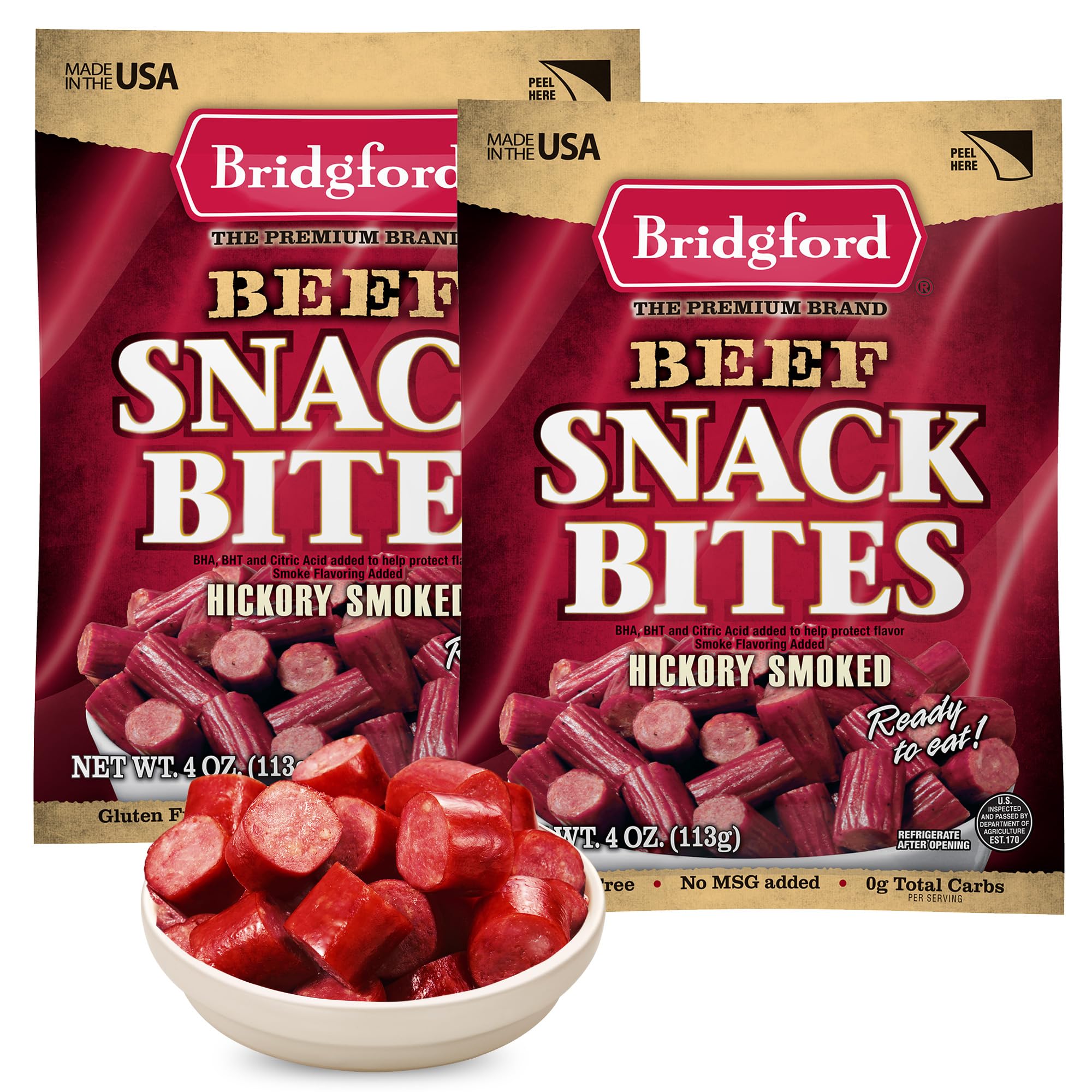 Bridgford Beef Snack Bites 4 oz (Pack of 2) - Gluten Free, Zero Carb, Keto-Friendly Ready-to-Eat Meat Snacks - High Protein Low Carb Snacks for Adults - Perfect for On-the-Go, Office, Hiking, and Keto Diet Lifestyle