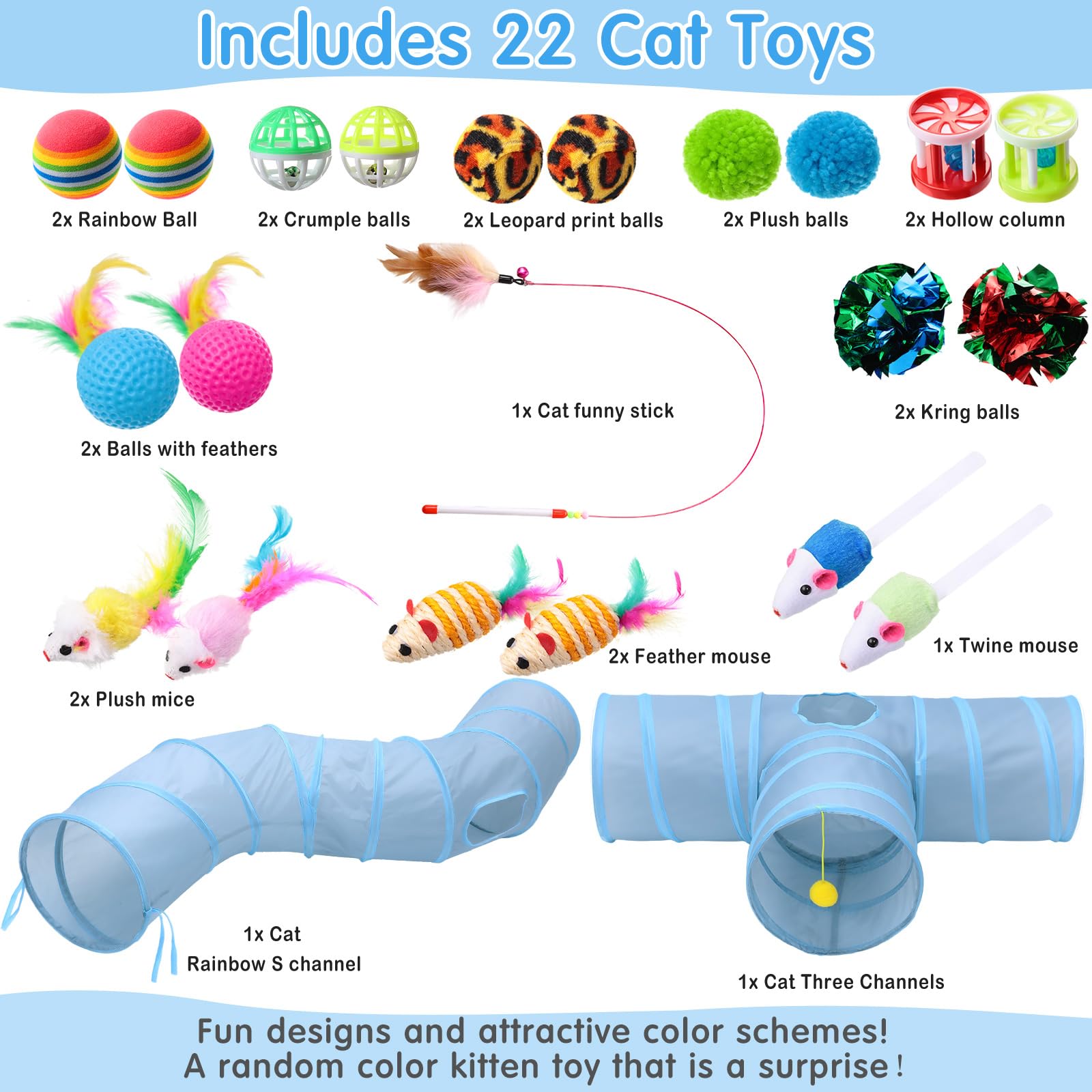 Wettarn 22-Piece Cat Toys Set with 2 Collapsible Tunnels & 20 Interactive Kitten Toys - Includes Feather Mouse, Crinkle Balls, Tubes for Indoor Cats & Puppies (Gray) - Perfect for Playtime, Exercise & Bonding with Your Pets