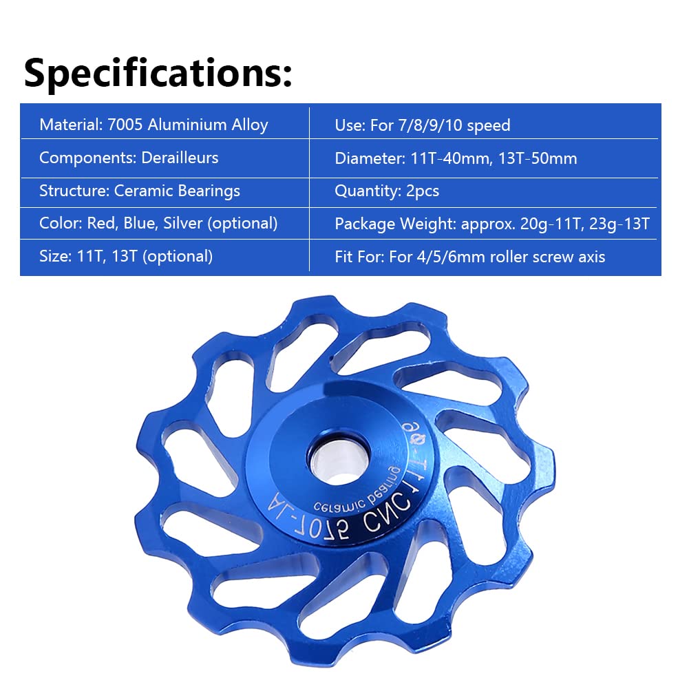 VGEBY 2Pcs Ceramic Bearing Bicycle Derailleur Pulley Wheels - 11T & 13T Replacement Set (Blue 11T) - High-Speed Road Bike Rear Derailleur Upgrade - Smooth Shifting for Mountain & Road Bikes