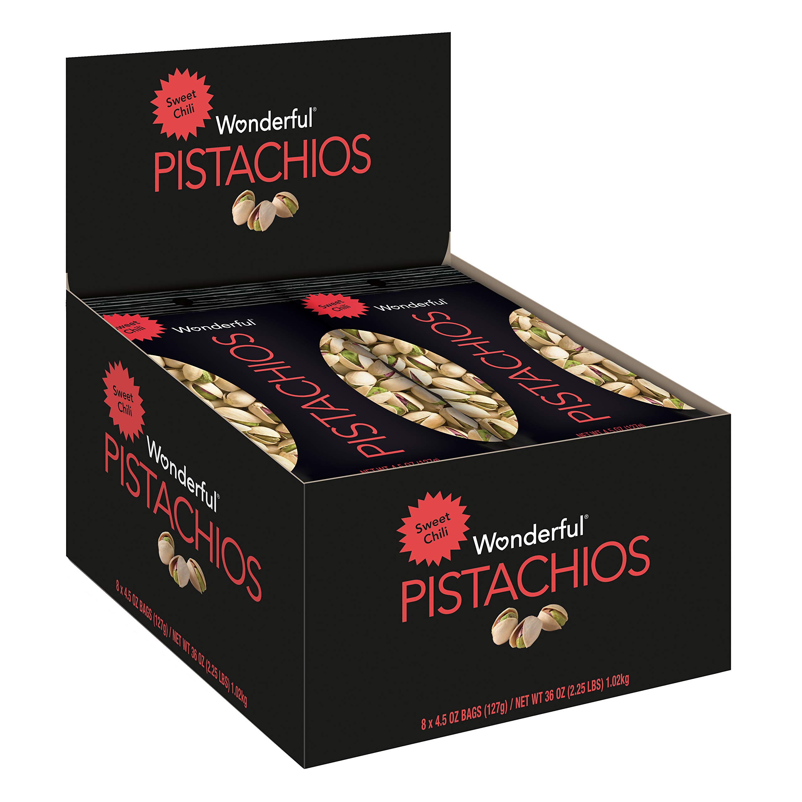 Wonderful Pistachios In Shell - Sweet Chili Flavored Nuts, 4.5oz (Pack of 8) | High Protein Healthy Snacks for Adults | Perfect for Office, Hiking & Road Trips