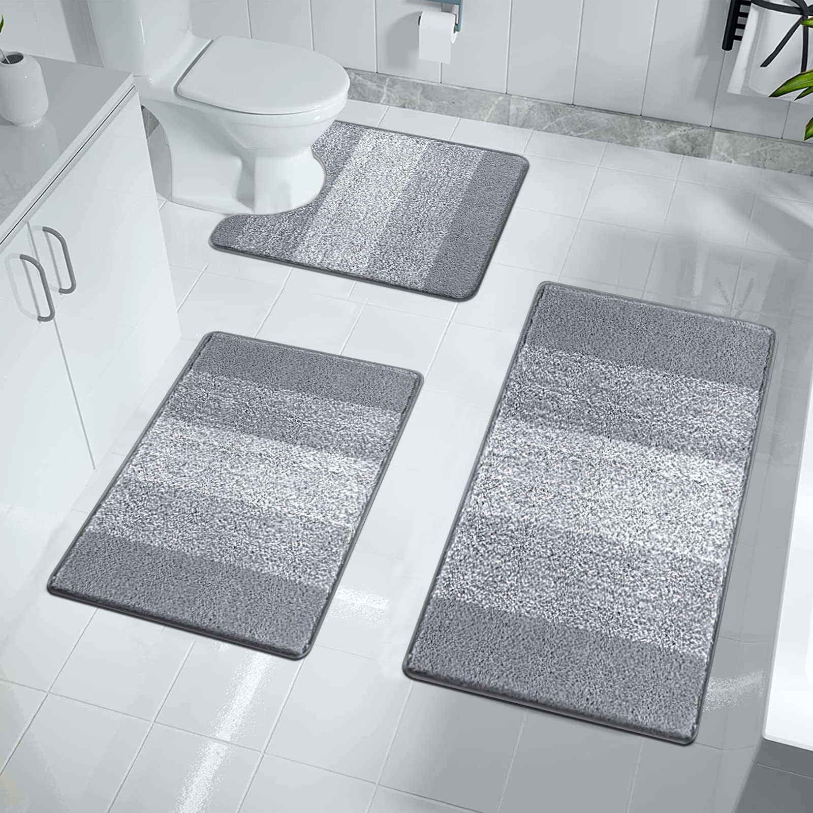 Enyhom 3-Piece Soft Microfiber Bathroom Mat Set - Super Absorbent, Non-Slip, Machine Washable Shaggy Bath & Shower Rugs for Bathroom Safety and Comfort, Light Grey - Perfect for Bathroom, Shower, and Toilet Areas
