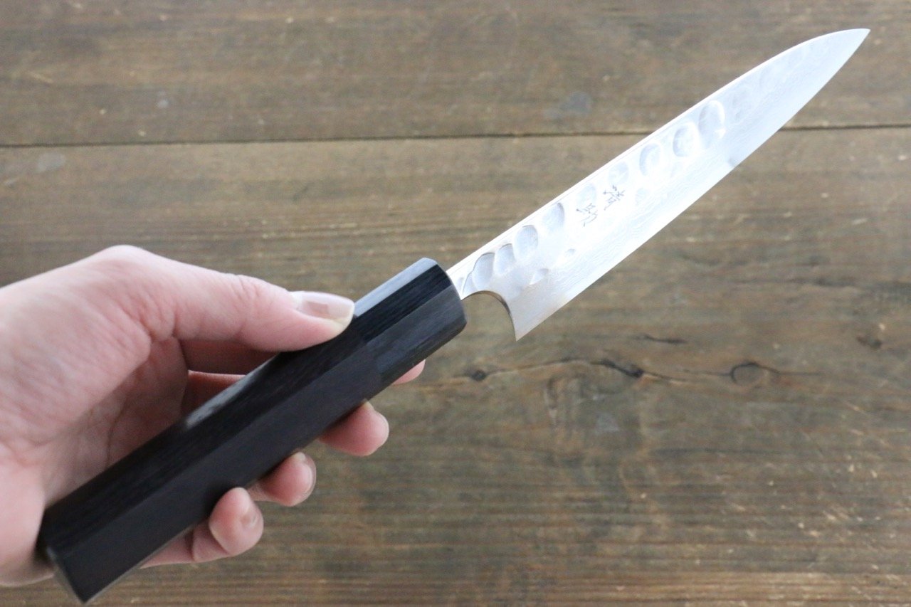 Premium Seisuke Blue Steel No.2 Hammered Damascus Petty Utility Knife 150mm with Shitan Handle - Perfect for Slicing, Peeling & Precision Kitchen Tasks